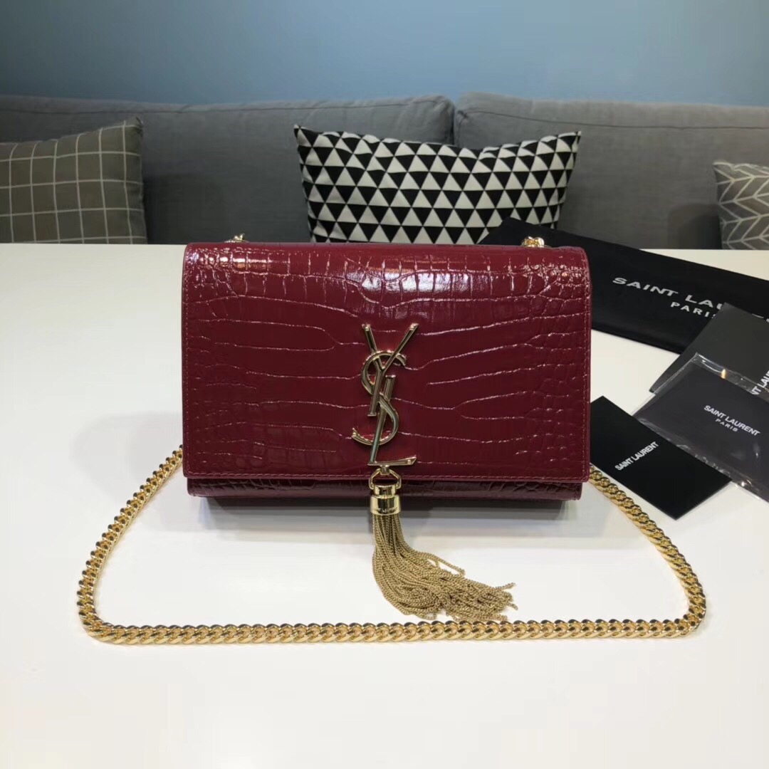Saint Laurent Kate Small Chain Bag With Tassel In Embossed Burgundy For Women 7.8in/20cm YSL 