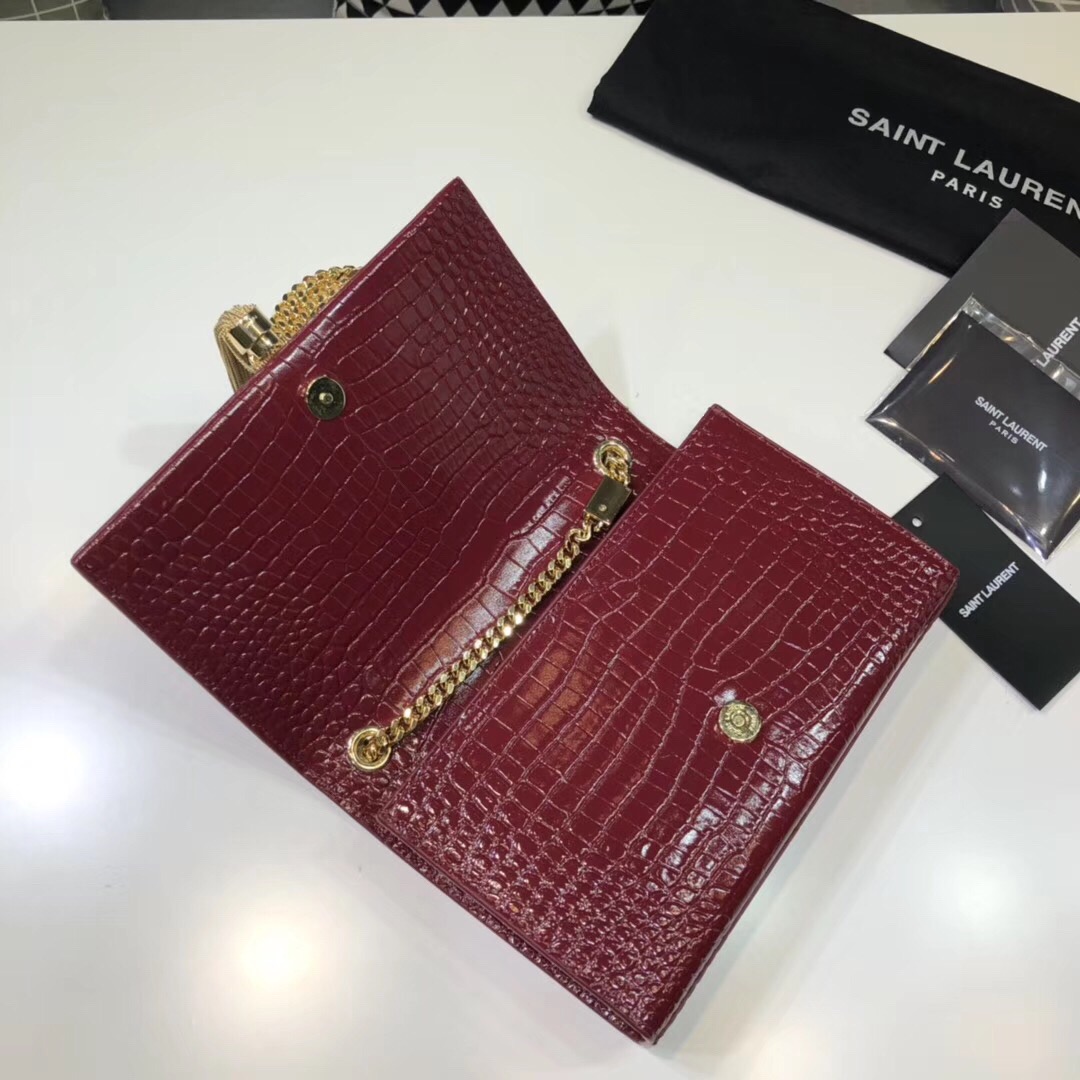 Saint Laurent Kate Small Chain Bag With Tassel In Embossed Burgundy For Women 7.8in/20cm YSL 