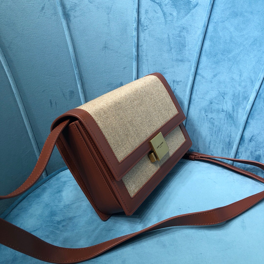Saint Laurent Le Carré Satchel In Canvas And Box Natural Beige & Brick For Women 9in/23cm YSL 