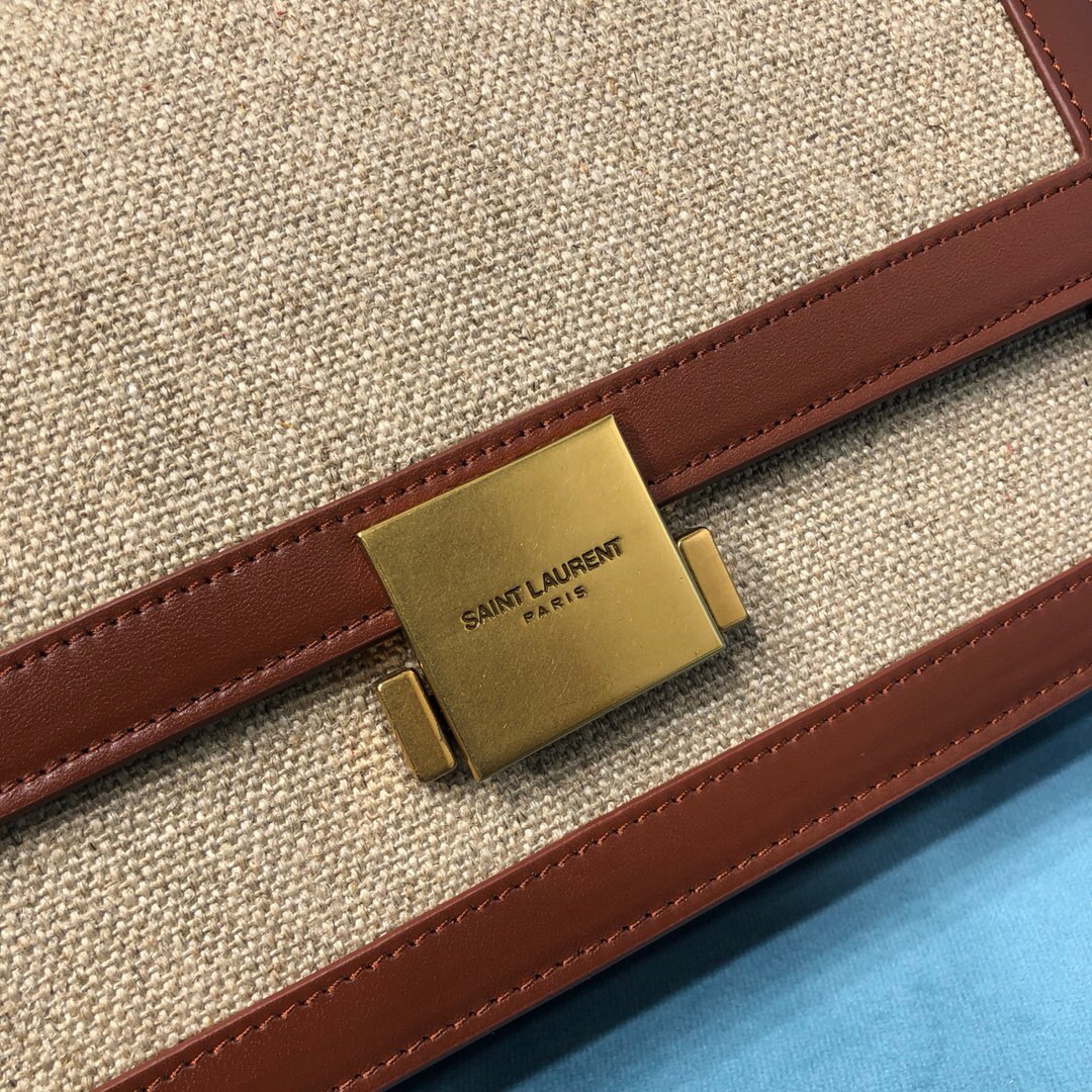 Saint Laurent Le Carré Satchel In Canvas And Box Natural Beige & Brick For Women 9in/23cm YSL 