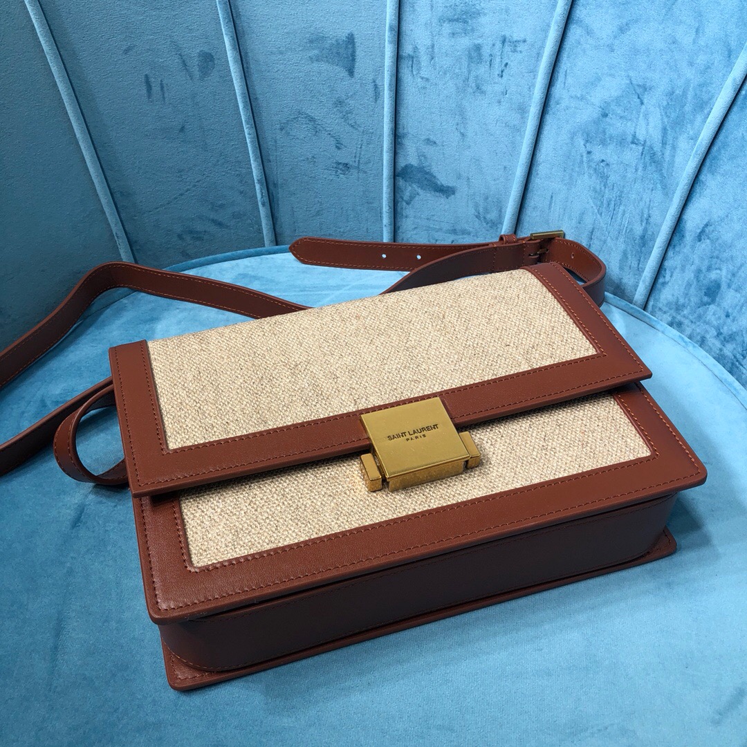 Saint Laurent Le Carré Satchel In Canvas And Box Natural Beige & Brick For Women 9in/23cm YSL 