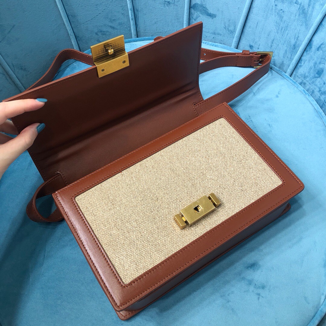 Saint Laurent Le Carré Satchel In Canvas And Box Natural Beige & Brick For Women 9in/23cm YSL 