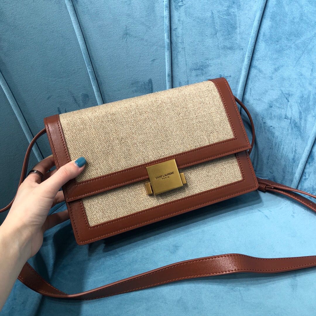 Saint Laurent Le Carré Satchel In Canvas And Box Natural Beige & Brick For Women 9in/23cm YSL 