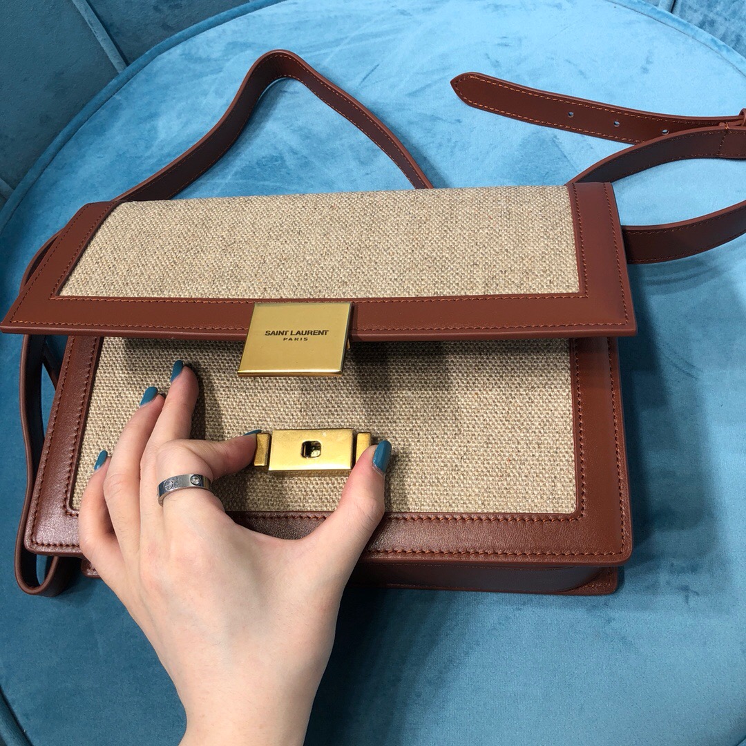 Saint Laurent Le Carré Satchel In Canvas And Box Natural Beige & Brick For Women 9in/23cm YSL 