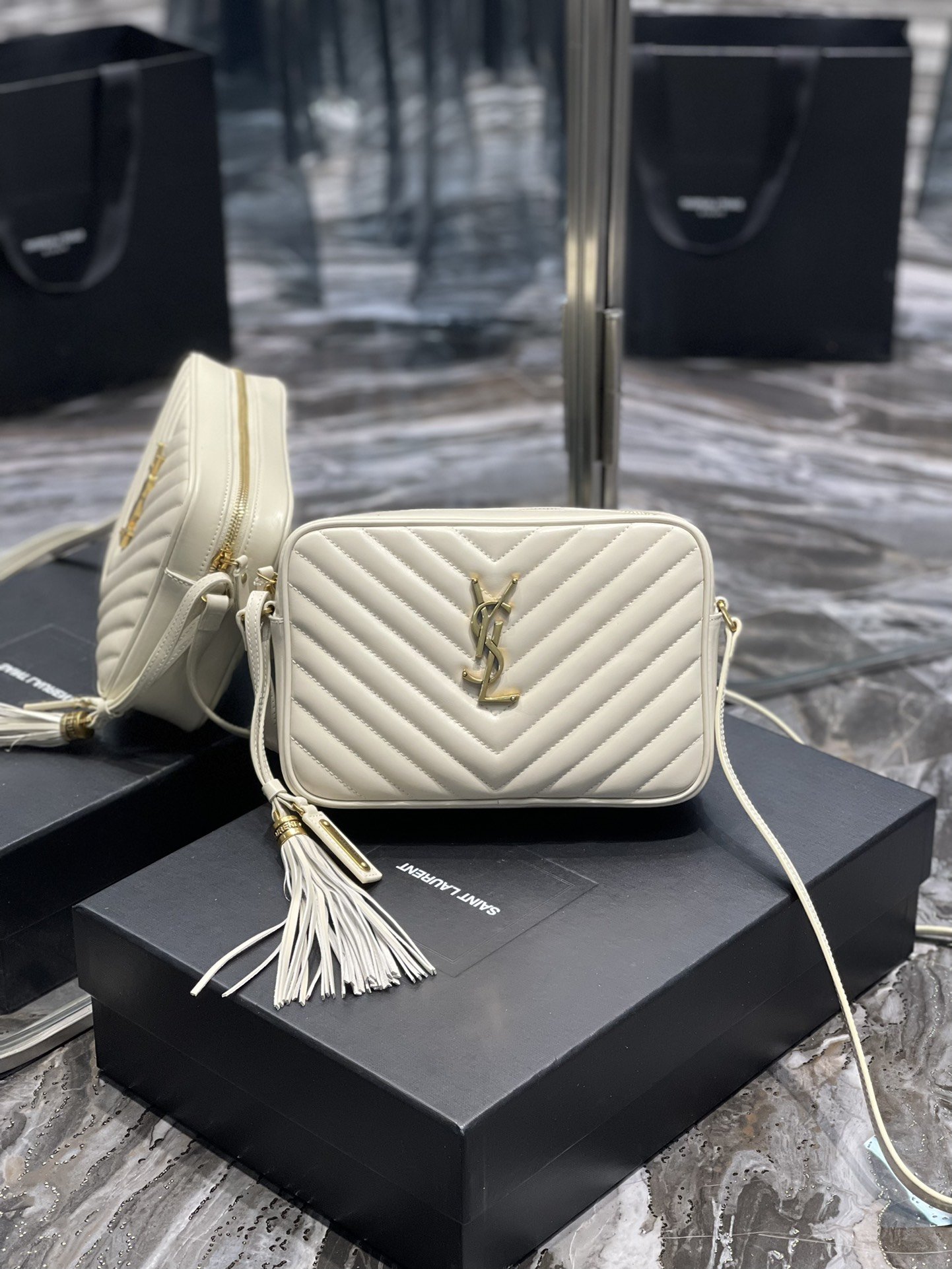 Saint Laurent Lou Camera Bag White With Gold Toned Hardware For Women 9in/23cm