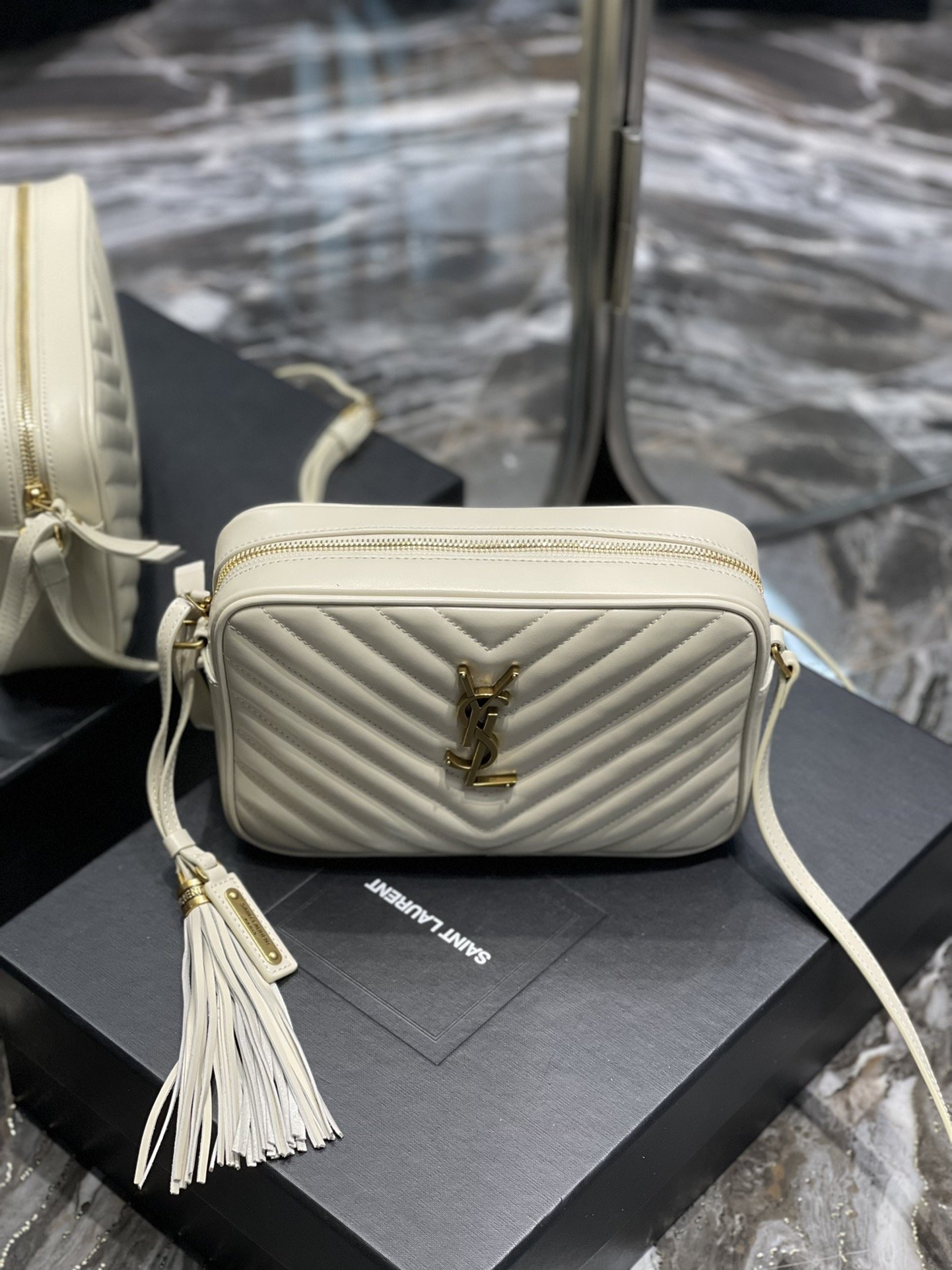 Saint Laurent Lou Camera Bag White With Gold Toned Hardware For Women 9in/23cm