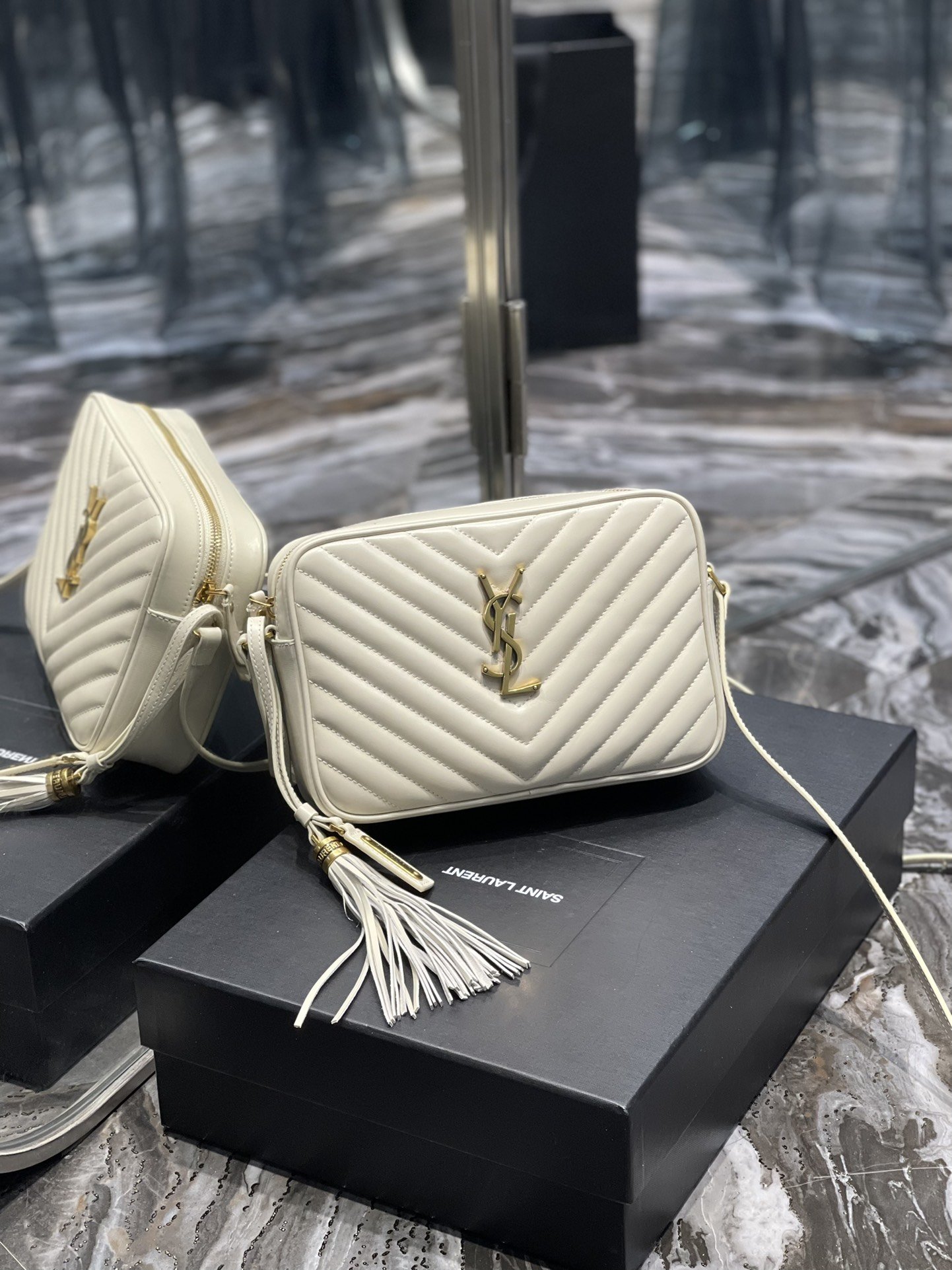 Saint Laurent Lou Camera Bag White With Gold Toned Hardware For Women 9in/23cm