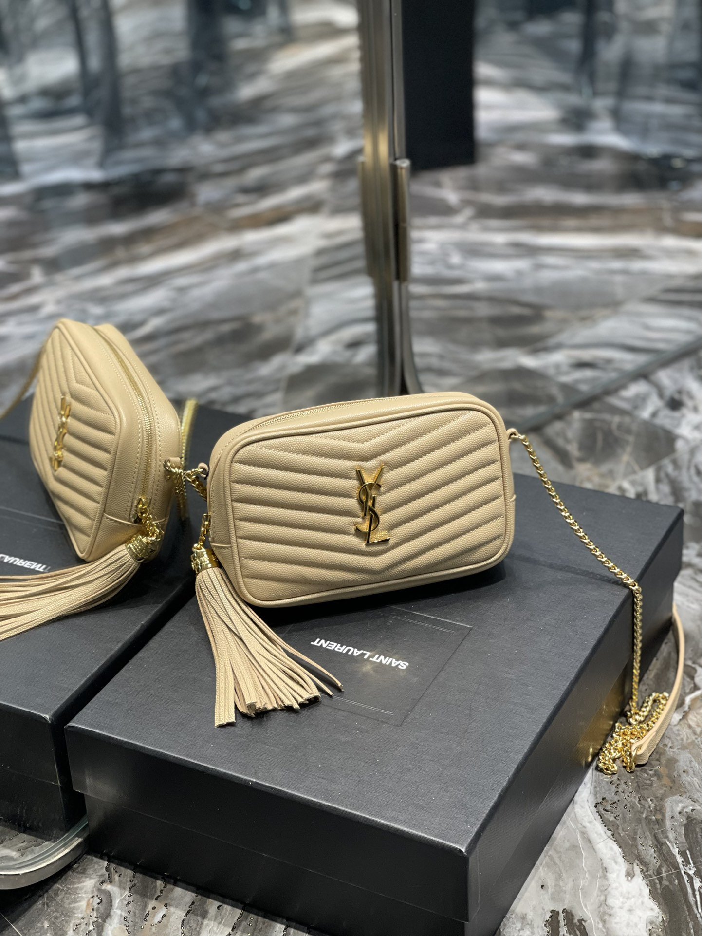 Saint Laurent Lou Mini Bag Beige In Quilted Grain De Poudre With Gold Hardware For Women 7.4in/19cm YSl 6125791GF012721