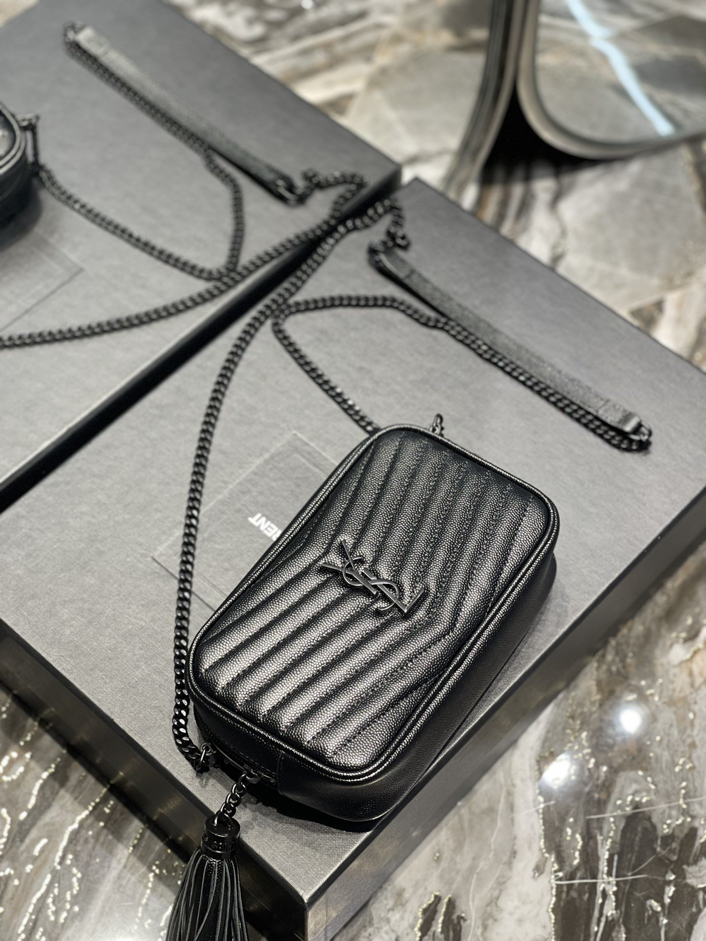 Saint Laurent Lou Mini Bag Black In Quilted Grain De Poudre With Metal Toned Hardware For Women 7.4in/19cm YSl 6125791GF081000