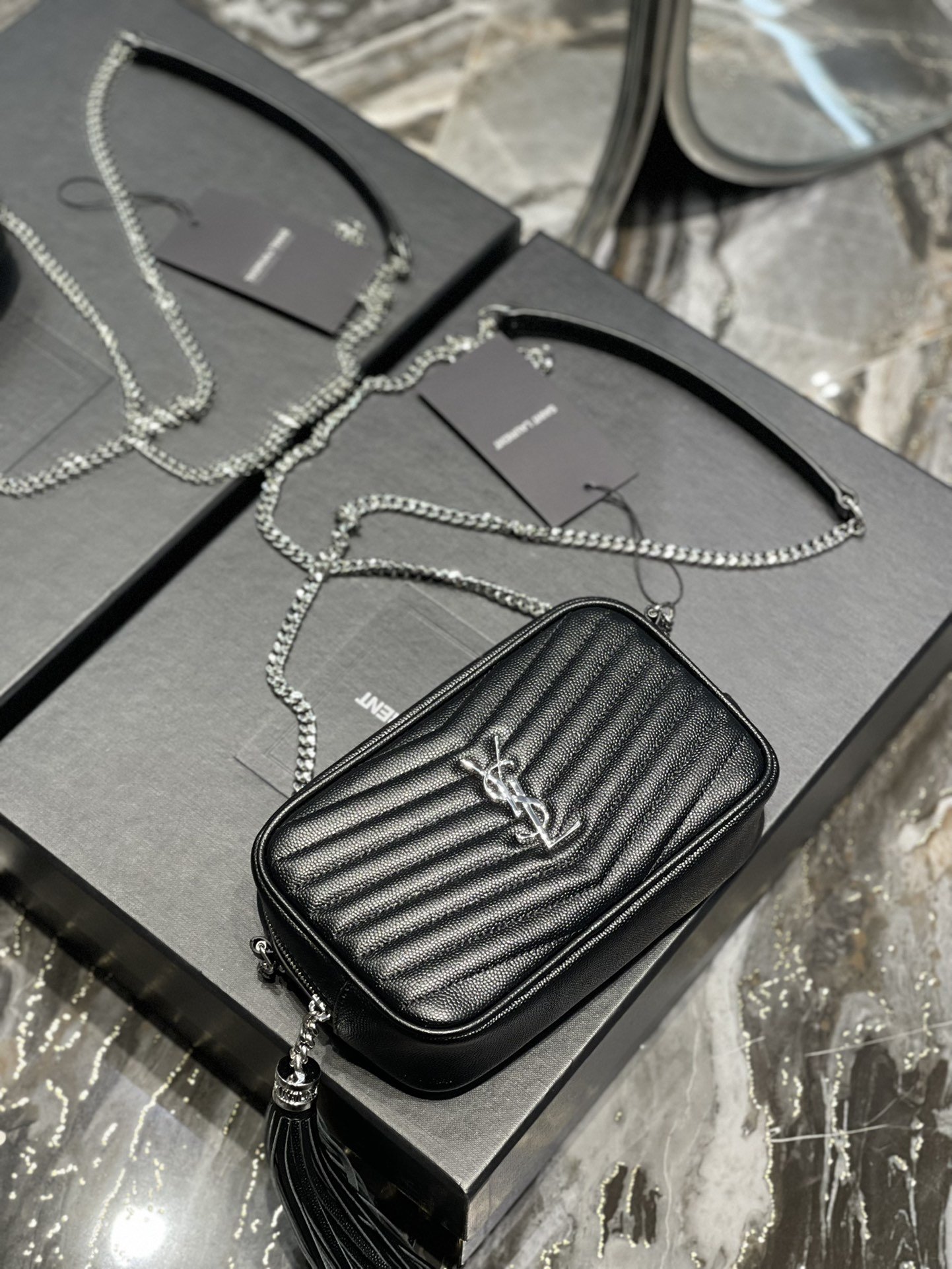 Saint Laurent Lou Mini Bag Black In Quilted Grain De Poudre With Silver Toned Hardware For Women 7.4in/19cm YSl 6125791GF021000