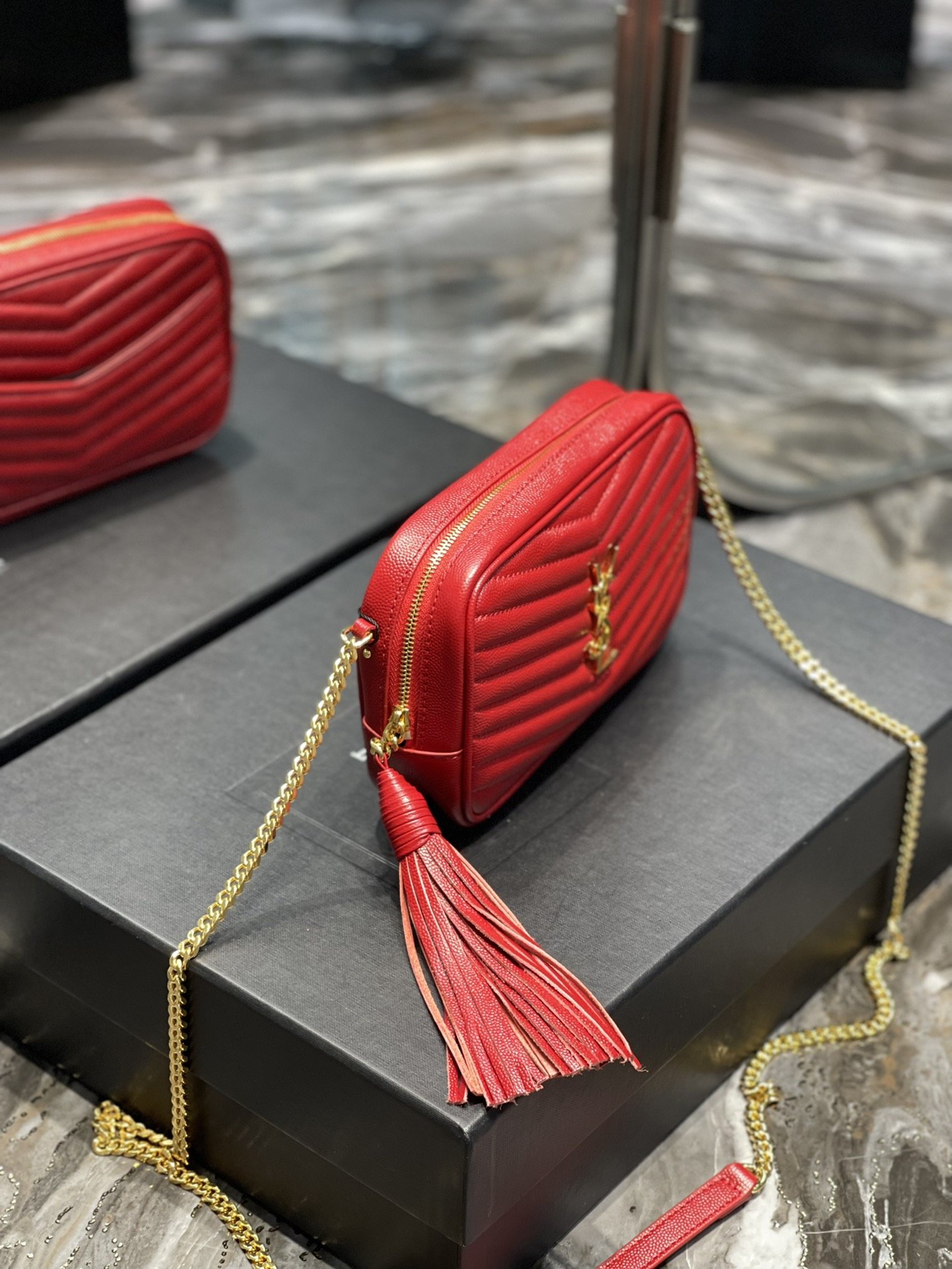Saint Laurent Lou Mini Bag Red In Quilted Grain De Poudre With Gold Hardware For Women 7.4in/19cm YSl 6125791GF076008