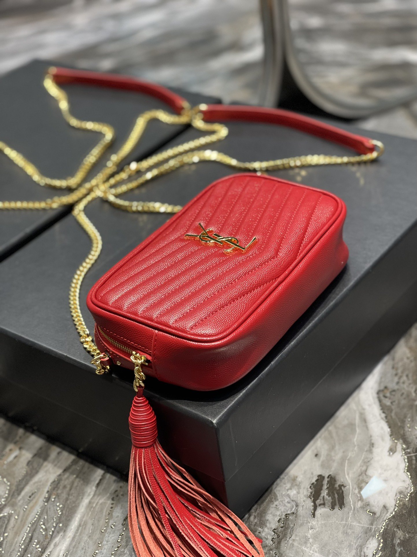 Saint Laurent Lou Mini Bag Red In Quilted Grain De Poudre With Gold Hardware For Women 7.4in/19cm YSl 6125791GF076008