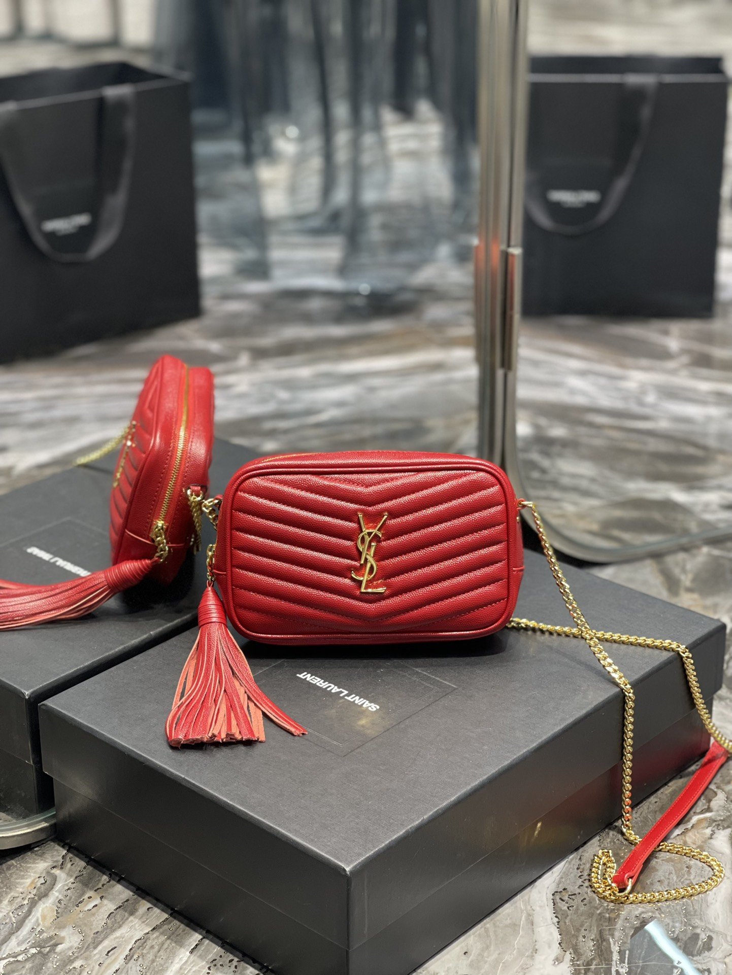 Saint Laurent Lou Mini Bag Red In Quilted Grain De Poudre With Gold Hardware For Women 7.4in/19cm YSl 6125791GF076008