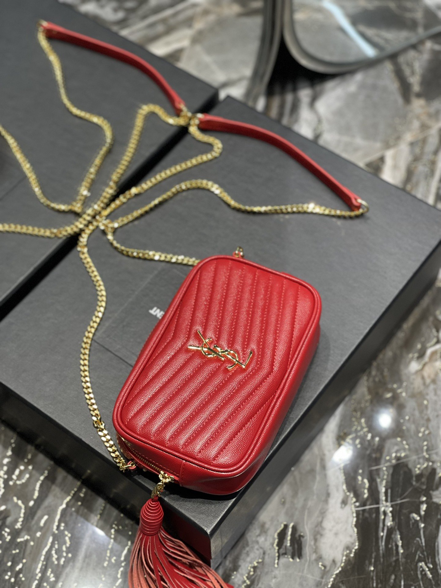 Saint Laurent Lou Mini Bag Red In Quilted Grain De Poudre With Gold Hardware For Women 7.4in/19cm YSl 6125791GF076008