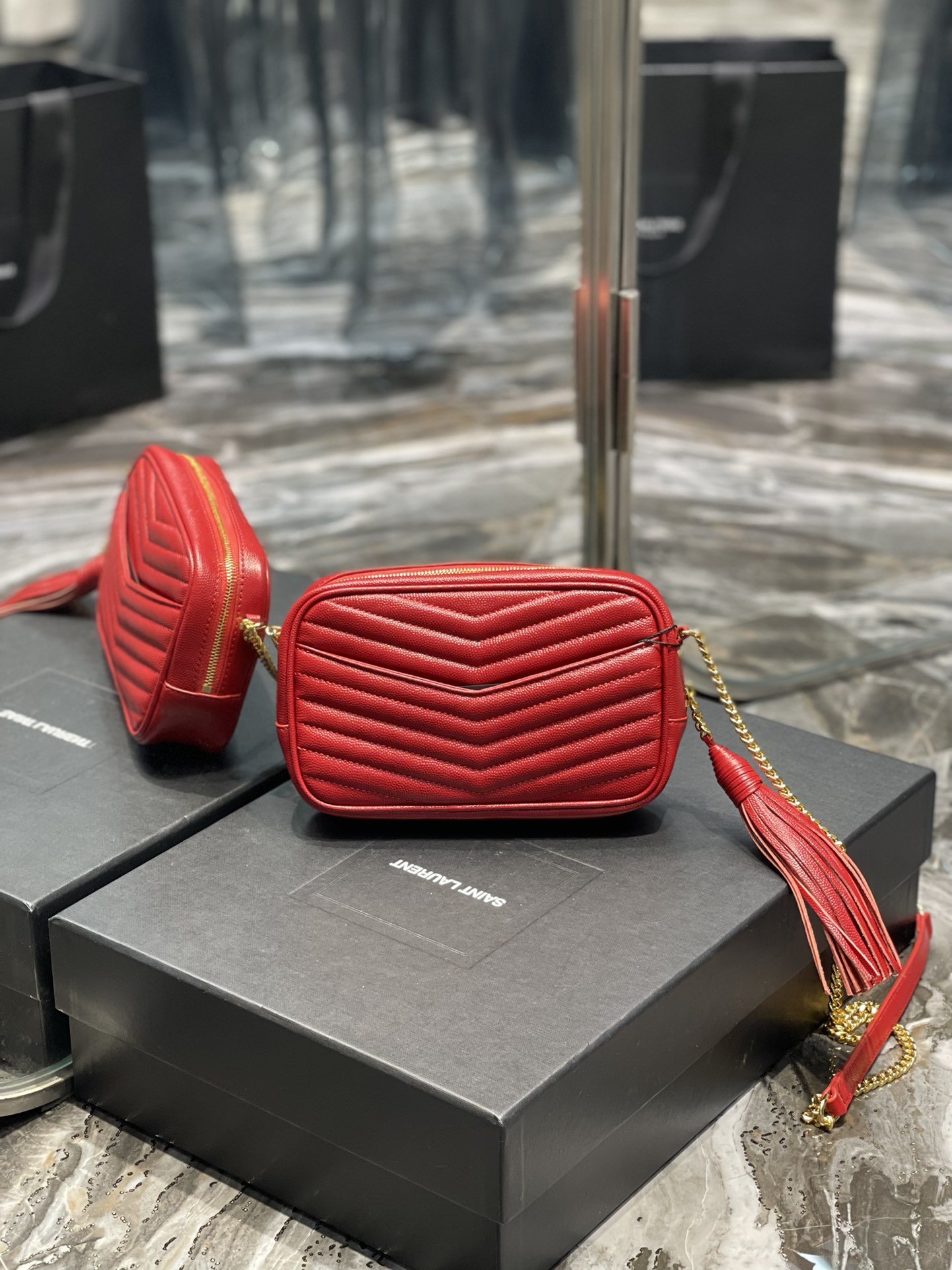 Saint Laurent Lou Mini Bag Red In Quilted Grain De Poudre With Gold Hardware For Women 7.4in/19cm YSl 6125791GF076008
