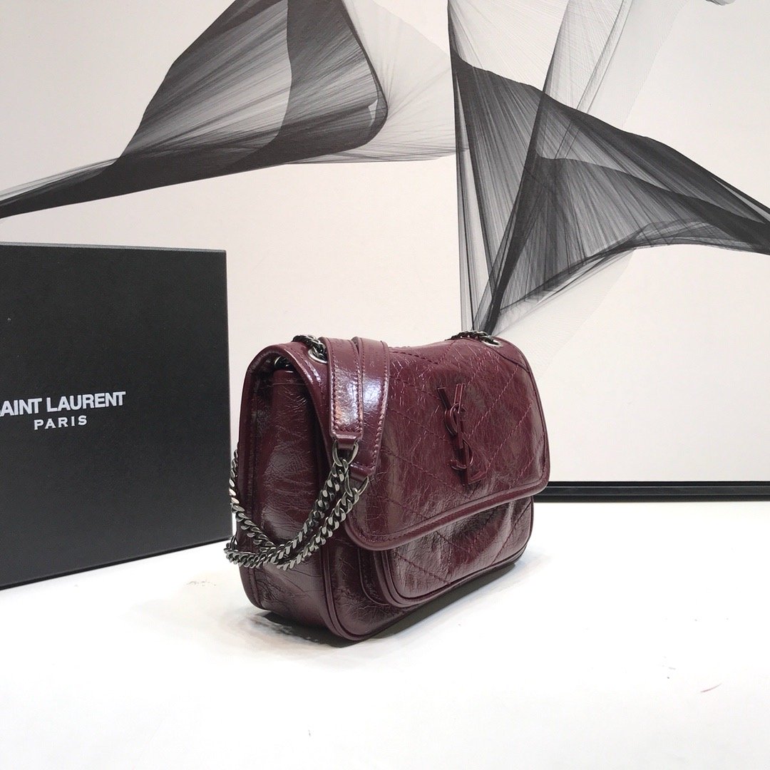 Saint Laurent Niki Baby Chain Bag In Crinkled Vintage  Burgundy For Women 8.2in/21cm YSL 6331600EN046475