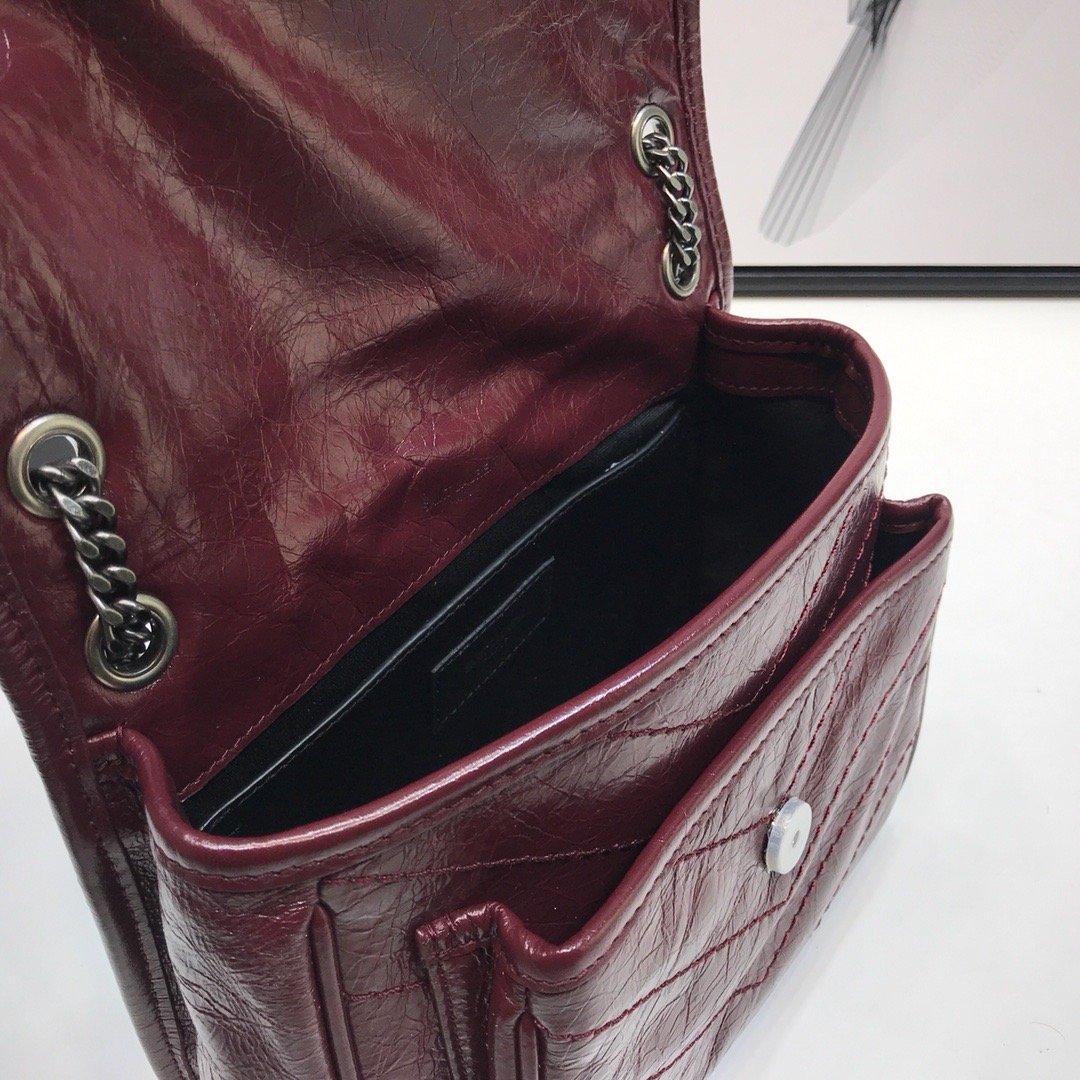 Saint Laurent Niki Baby Chain Bag In Crinkled Vintage  Burgundy For Women 8.2in/21cm YSL 6331600EN046475