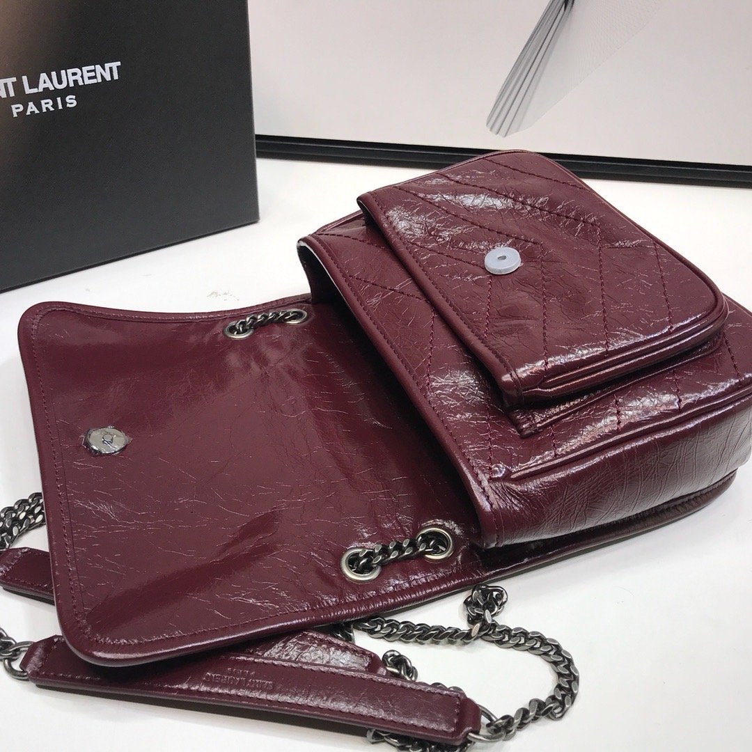 Saint Laurent Niki Baby Chain Bag In Crinkled Vintage  Burgundy For Women 8.2in/21cm YSL 6331600EN046475