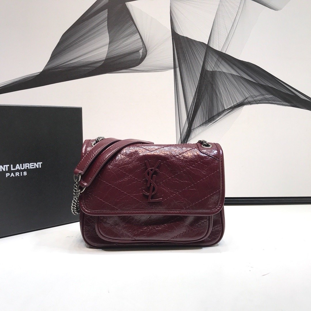 Saint Laurent Niki Baby Chain Bag In Crinkled Vintage  Burgundy For Women 8.2in/21cm YSL 6331600EN046475