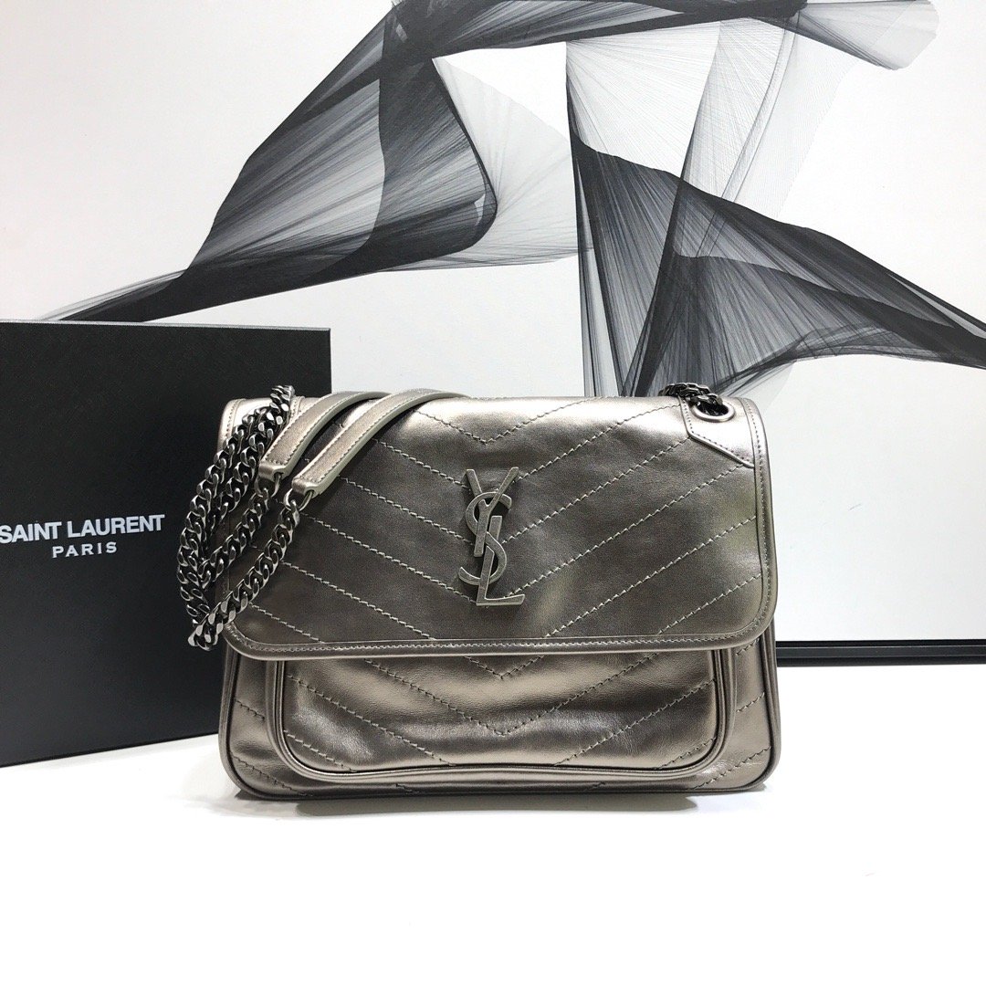 Saint Laurent Niki Medium Chain Bag In Crinkled Vintage Silver For Women 11in/28cm YSL 