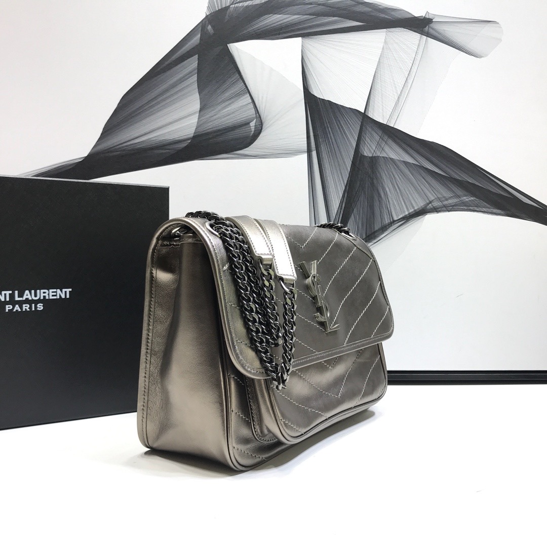 Saint Laurent Niki Medium Chain Bag In Crinkled Vintage Silver For Women 11in/28cm YSL 