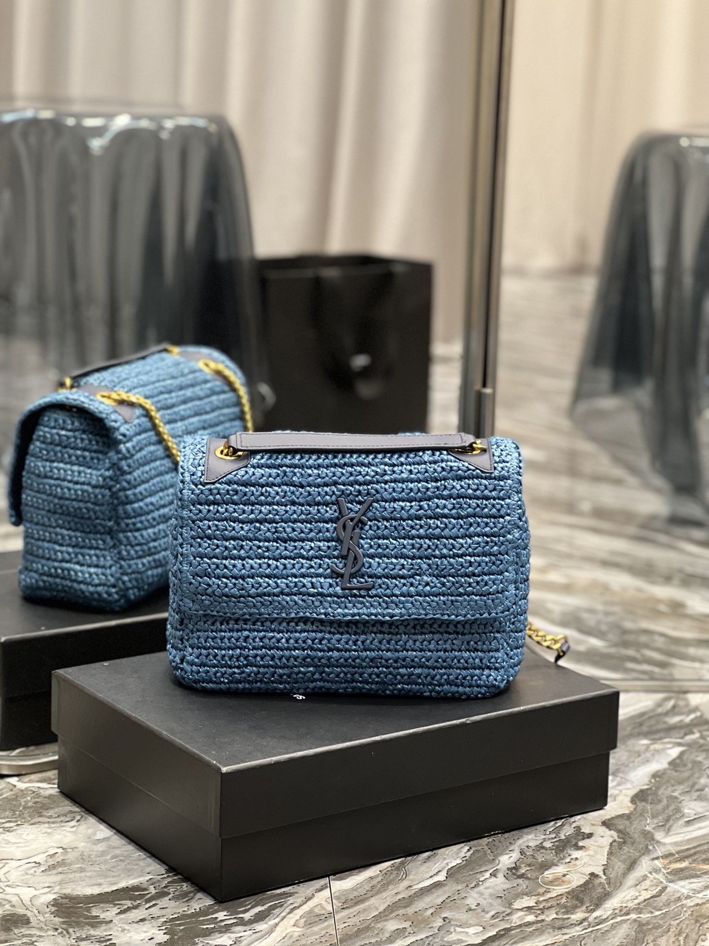 Saint Laurent Niki Medium Chain Bag In Rafia For Women 11in/28cm Blue YSL 633187GG66W4246