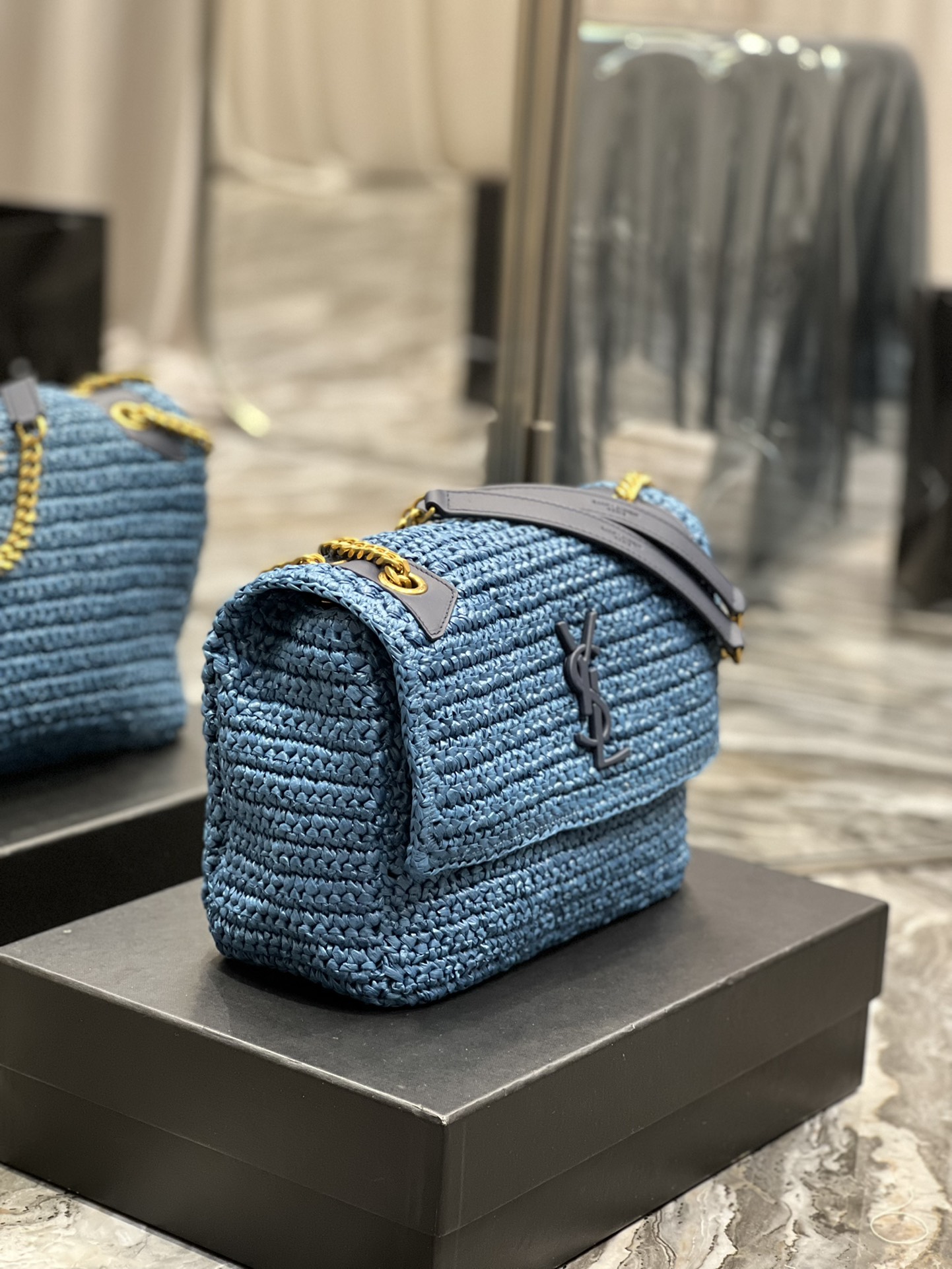 Saint Laurent Niki Medium Chain Bag In Rafia For Women 11in/28cm Blue YSL 633187GG66W4246