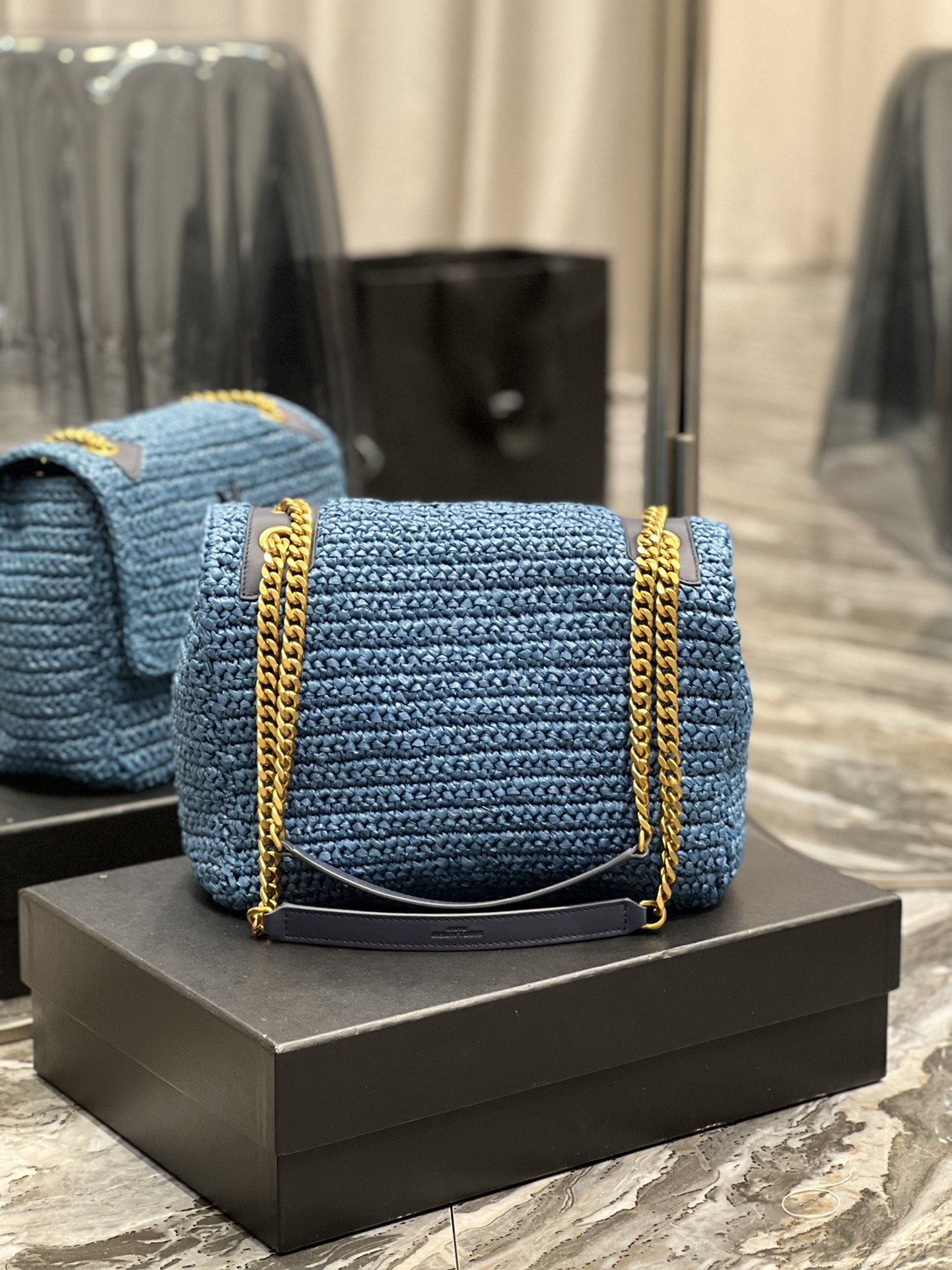 Saint Laurent Niki Medium Chain Bag In Rafia For Women 11in/28cm Blue YSL 633187GG66W4246