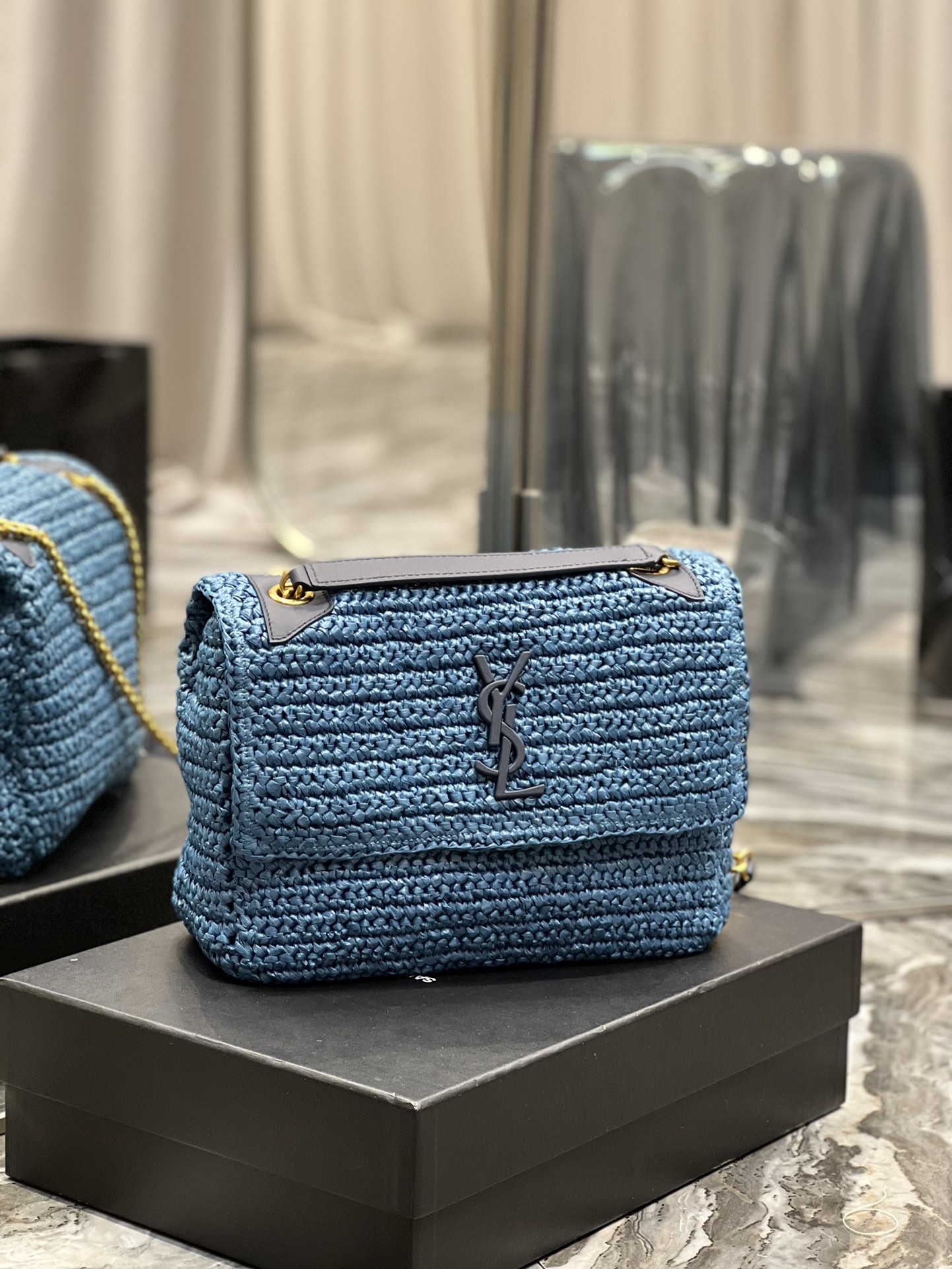 Saint Laurent Niki Medium Chain Bag In Rafia For Women 11in/28cm Blue YSL 633187GG66W4246