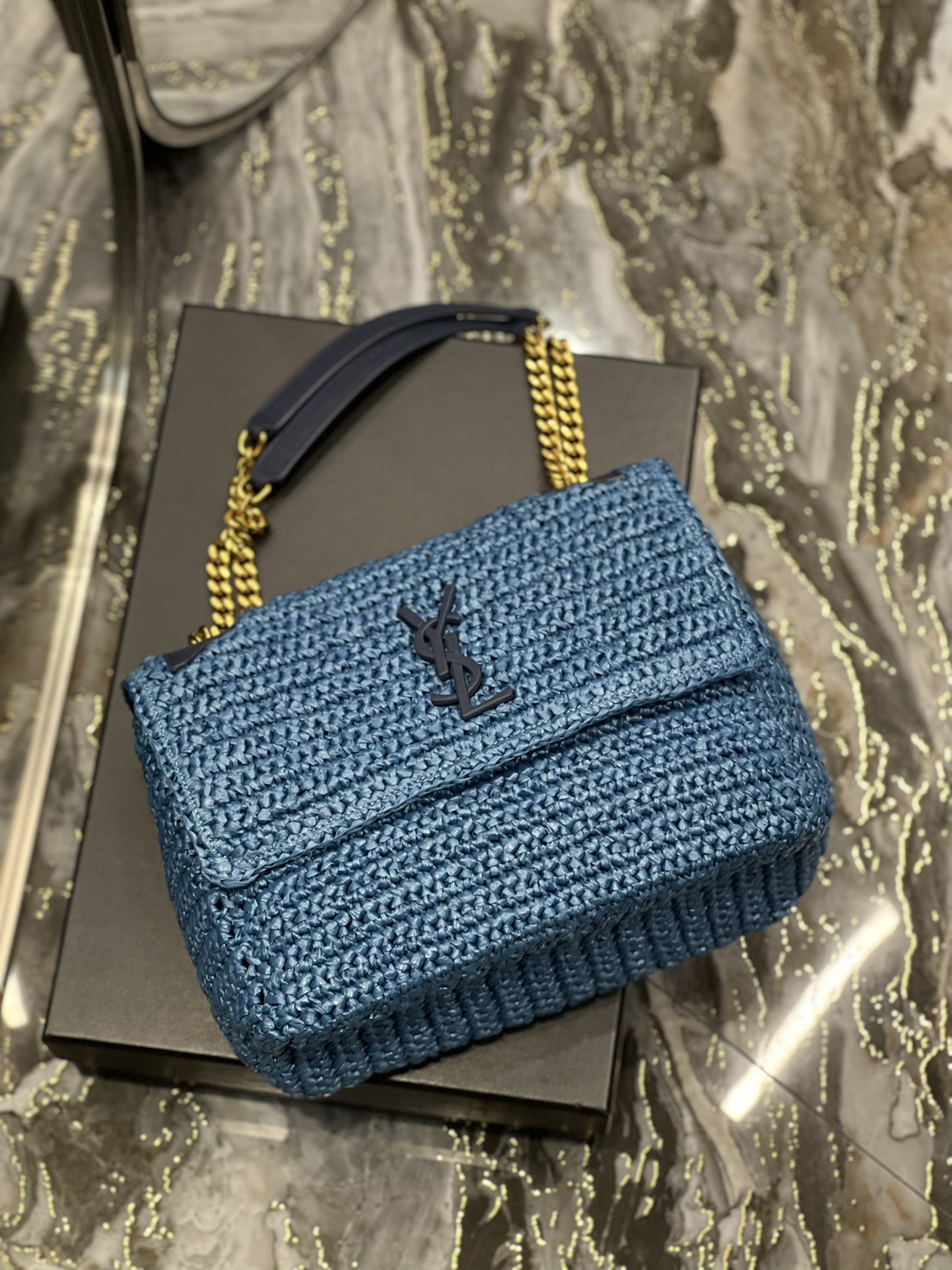 Saint Laurent Niki Medium Chain Bag In Rafia For Women 11in/28cm Blue YSL 633187GG66W4246