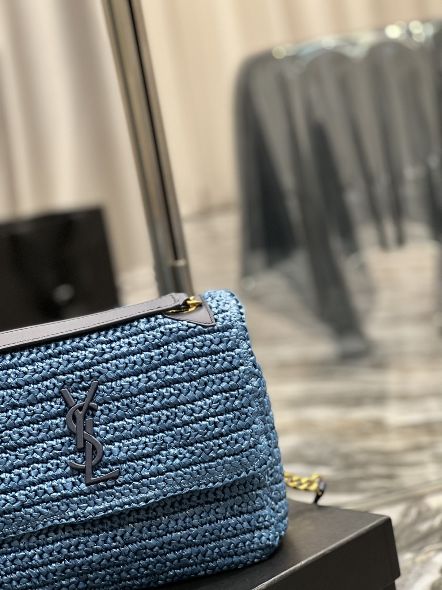 Saint Laurent Niki Medium Chain Bag In Rafia For Women 11in/28cm Blue YSL 633187GG66W4246
