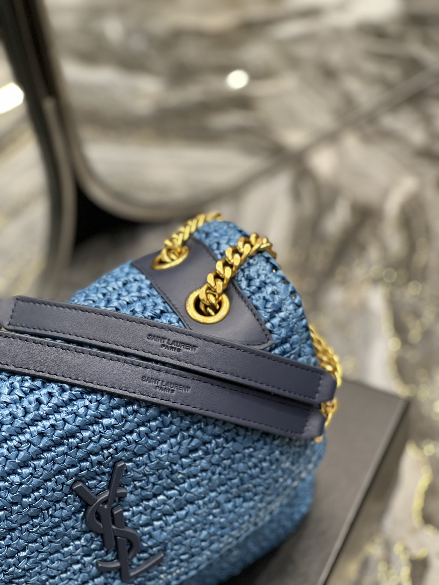 Saint Laurent Niki Medium Chain Bag In Rafia For Women 11in/28cm Blue YSL 633187GG66W4246