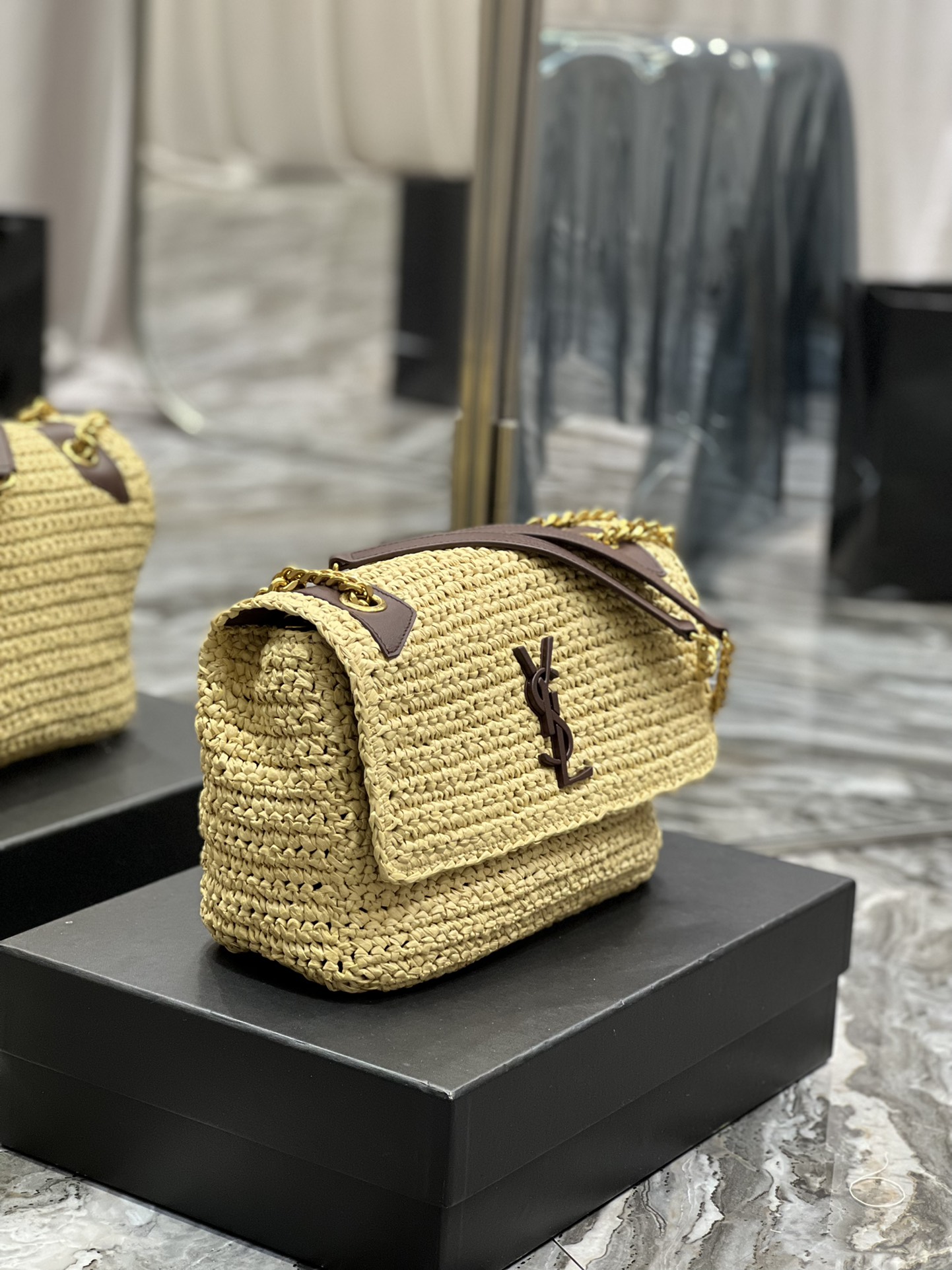 Saint Laurent Niki Medium Chain Bag In Rafia For Women 11in/28cm Brown YSL 633187GG66W7069