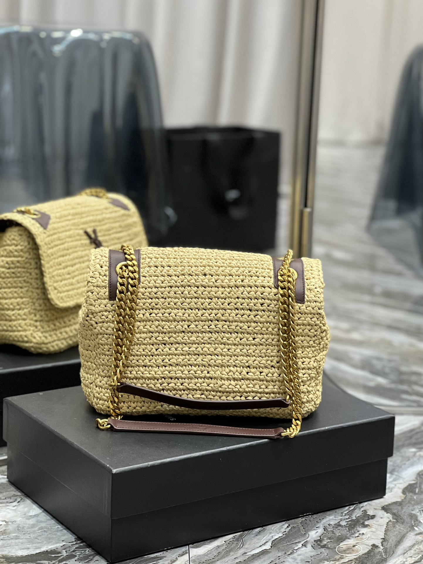 Saint Laurent Niki Medium Chain Bag In Rafia For Women 11in/28cm Brown YSL 633187GG66W7069