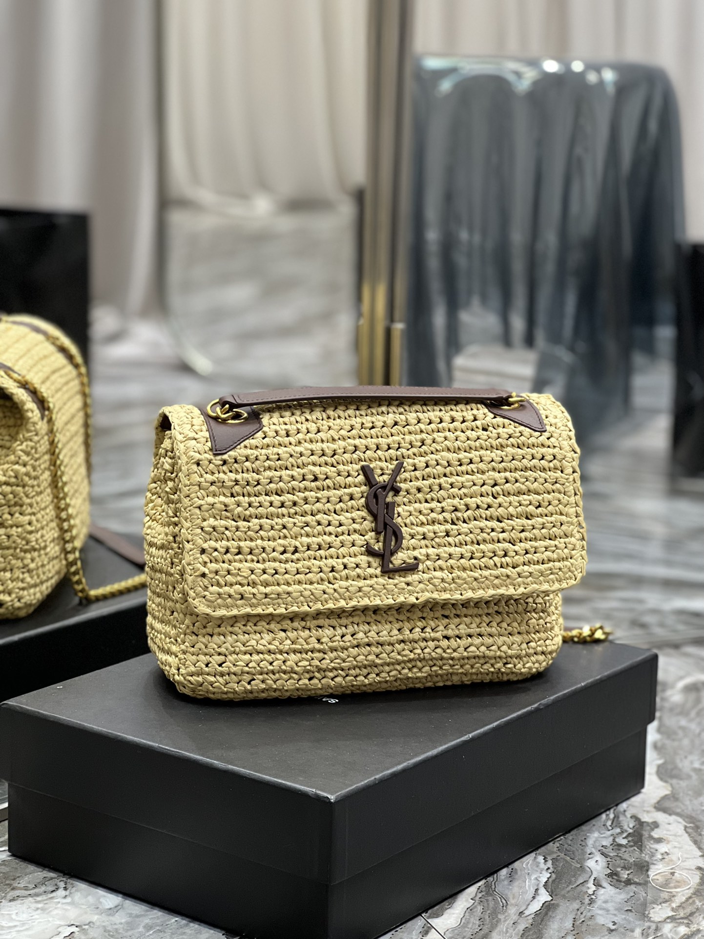 Saint Laurent Niki Medium Chain Bag In Rafia For Women 11in/28cm Brown YSL 633187GG66W7069