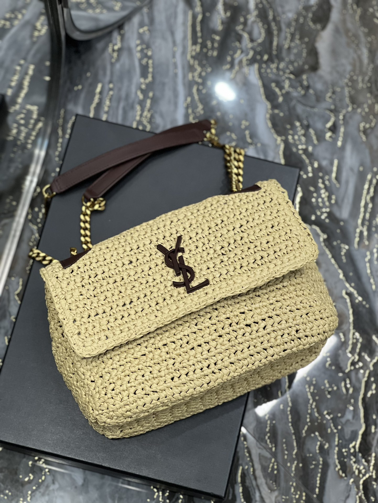 Saint Laurent Niki Medium Chain Bag In Rafia For Women 11in/28cm Brown YSL 633187GG66W7069