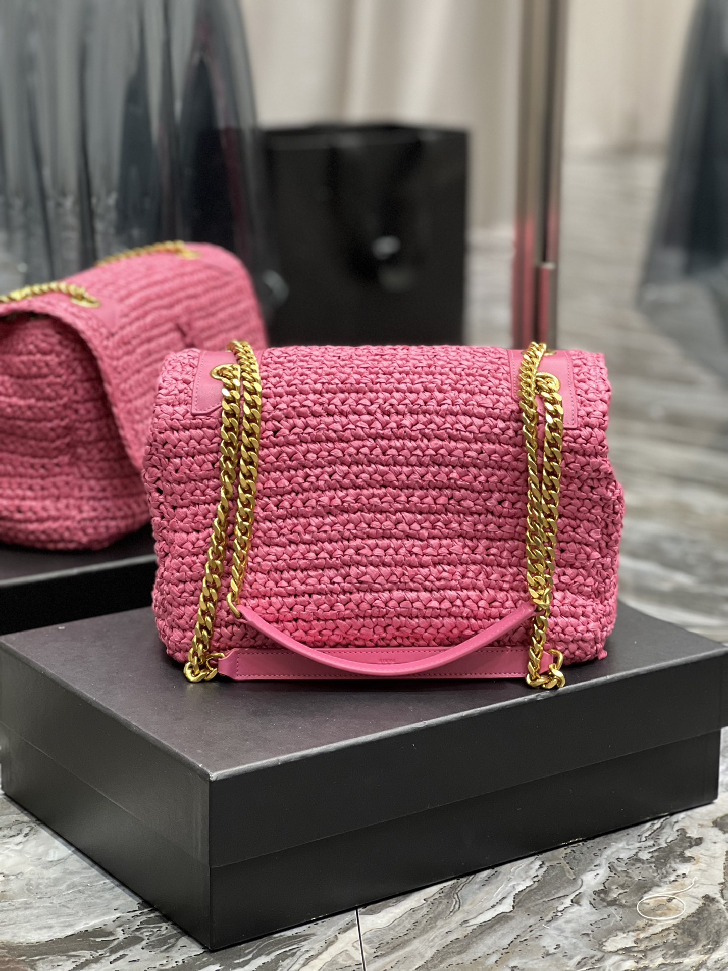 Saint Laurent Niki Medium Chain Bag In Rafia For Women 11in/28cm Pink YSL