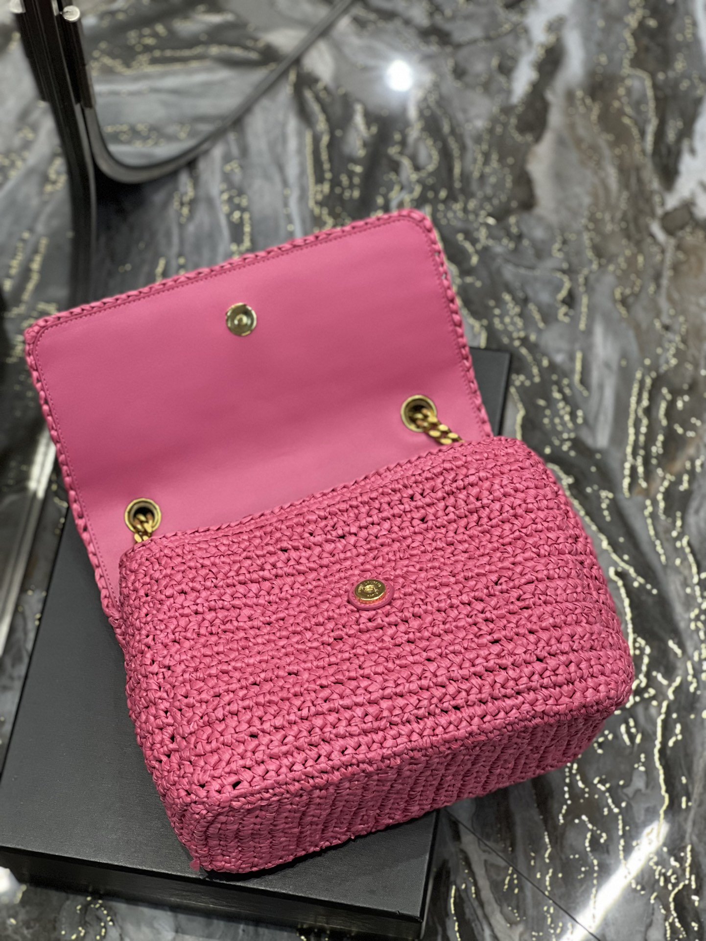 Saint Laurent Niki Medium Chain Bag In Rafia For Women 11in/28cm Pink YSL