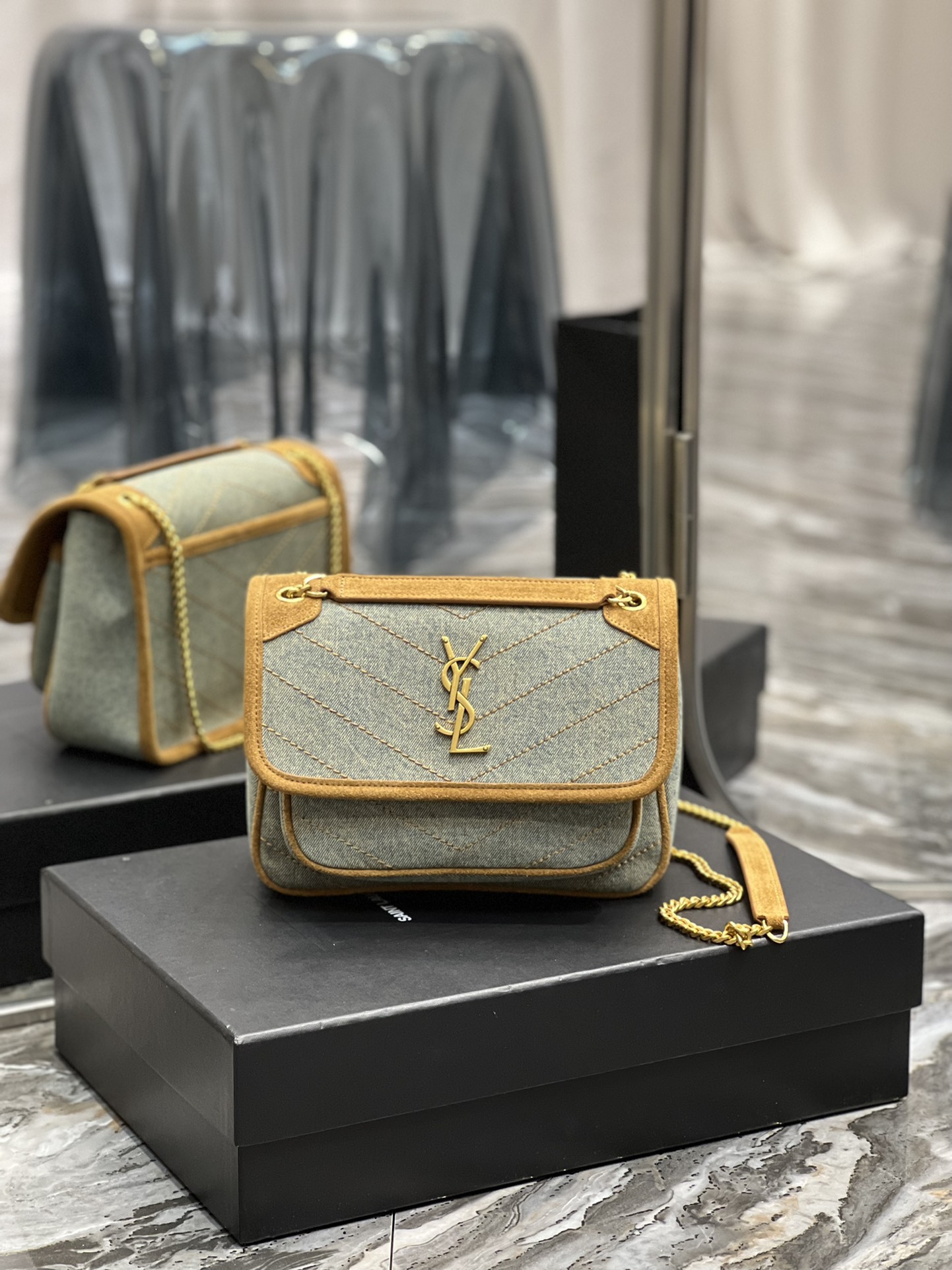 Saint Laurent Niki Mini Chain Bag In Canvas For Women 8.6in/22cm YSL