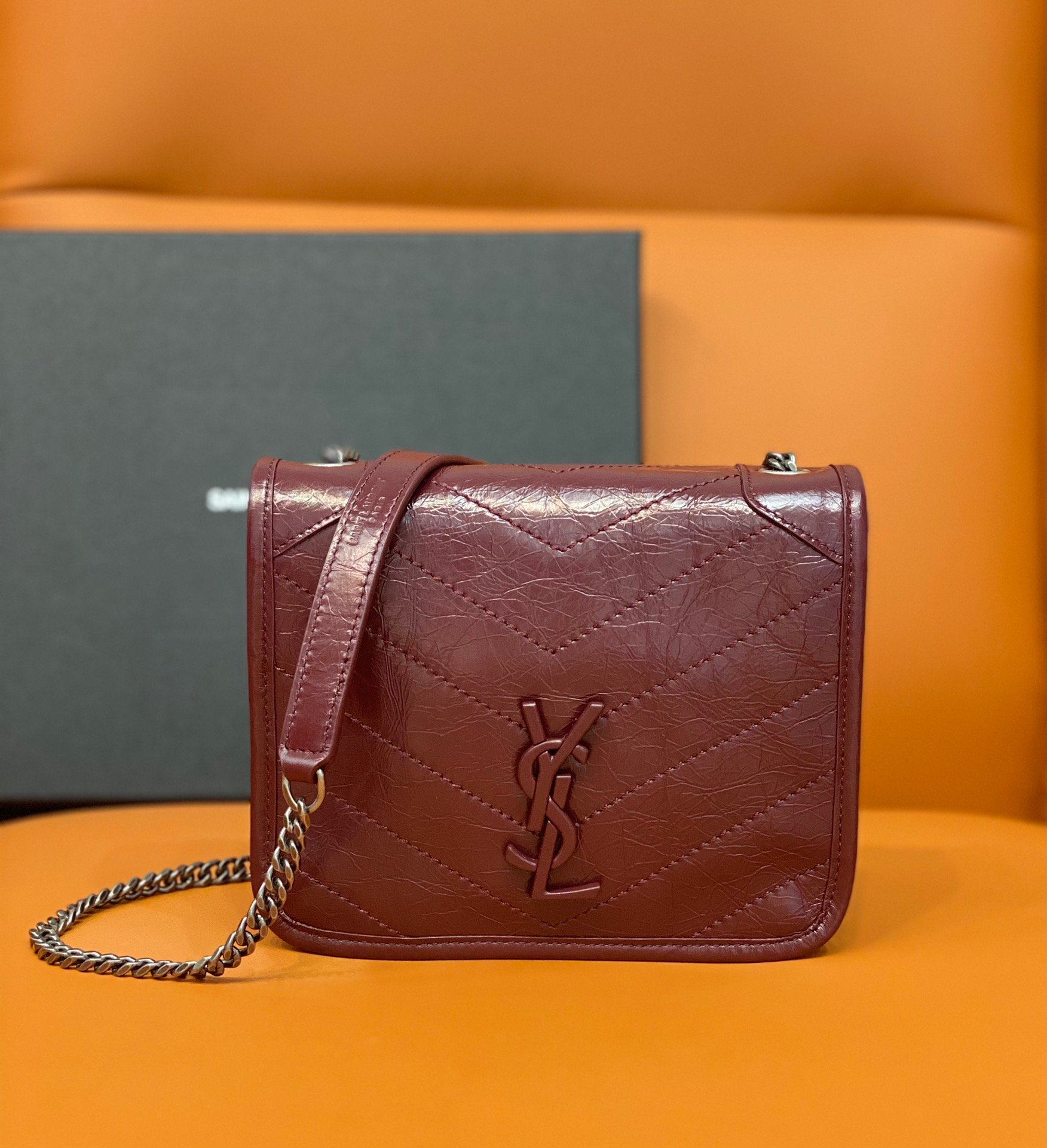 Saint Laurent Niki Wallets On Chain Burgundy For Women 7.5in/19cm