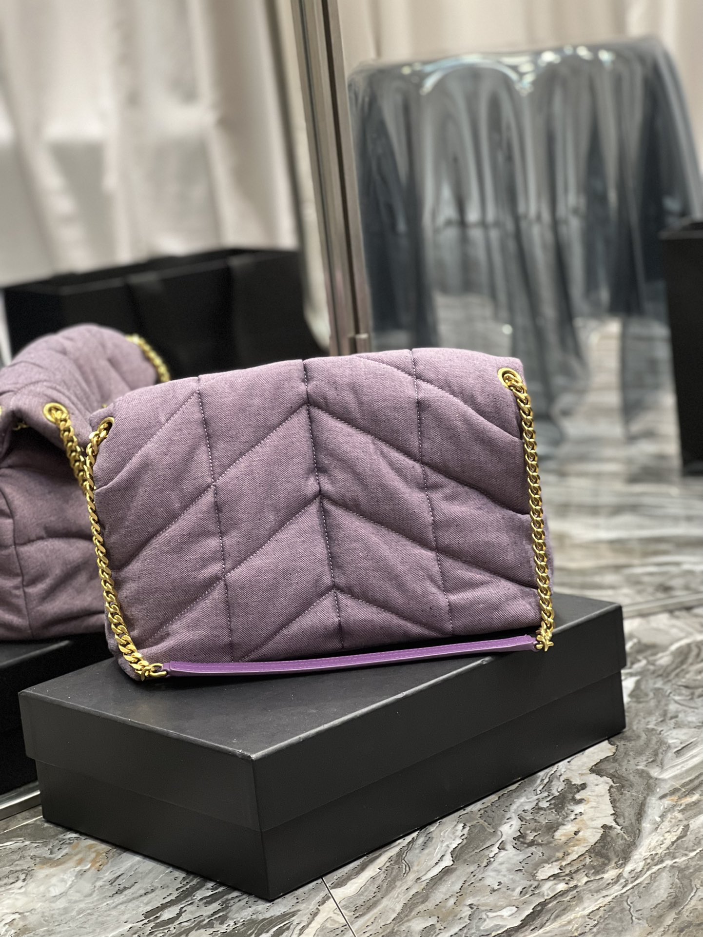 Saint Laurent Puffer Medium Chain Bag Blesched Lilac In Denim For Women 13.8in/35cm YSL