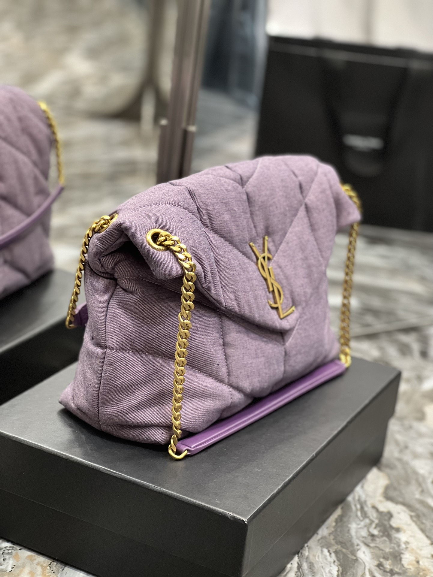 Saint Laurent Puffer Medium Chain Bag Blesched Lilac In Denim For Women 13.8in/35cm YSL