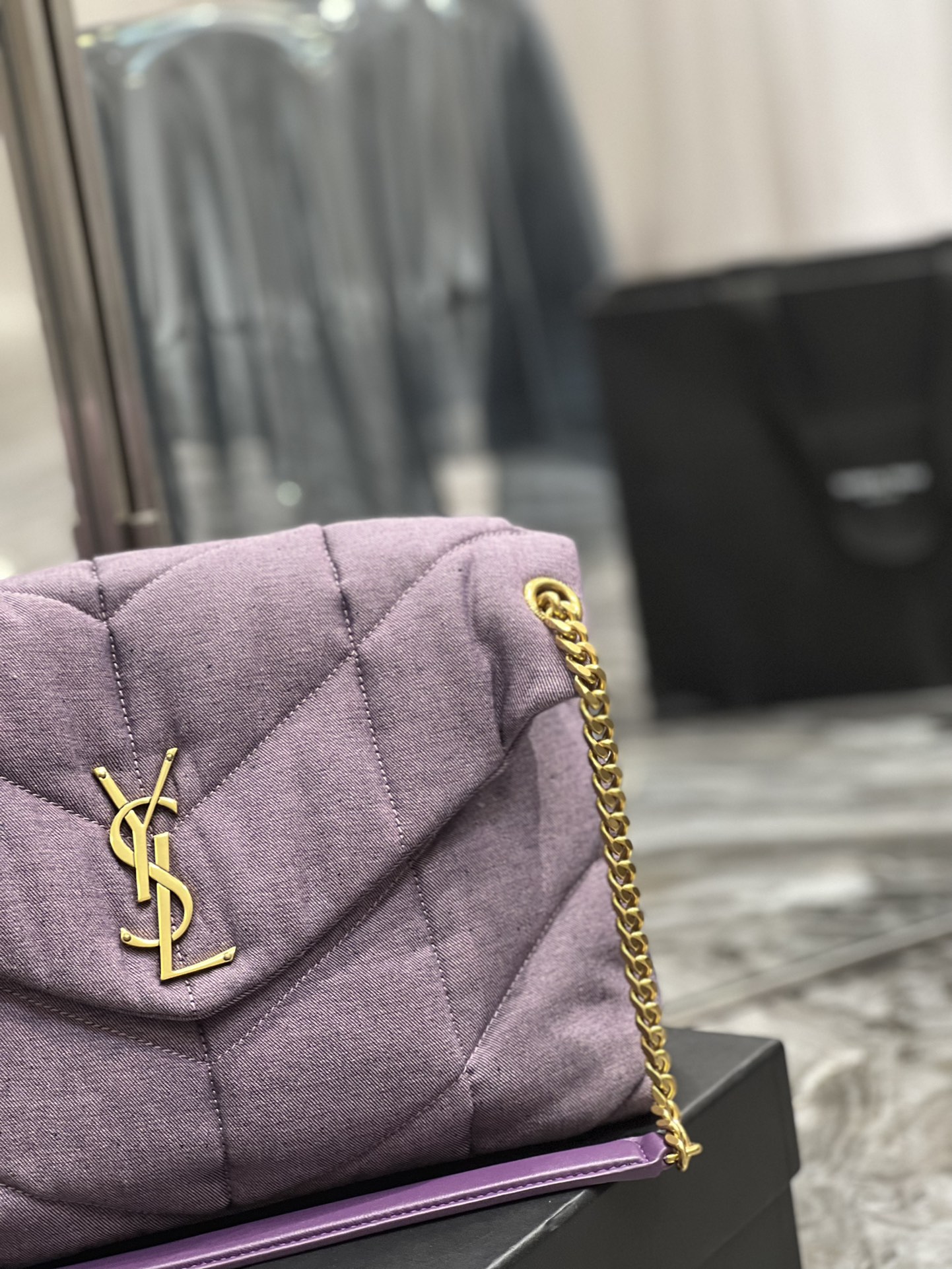 Saint Laurent Puffer Medium Chain Bag Blesched Lilac In Denim For Women 13.8in/35cm YSL