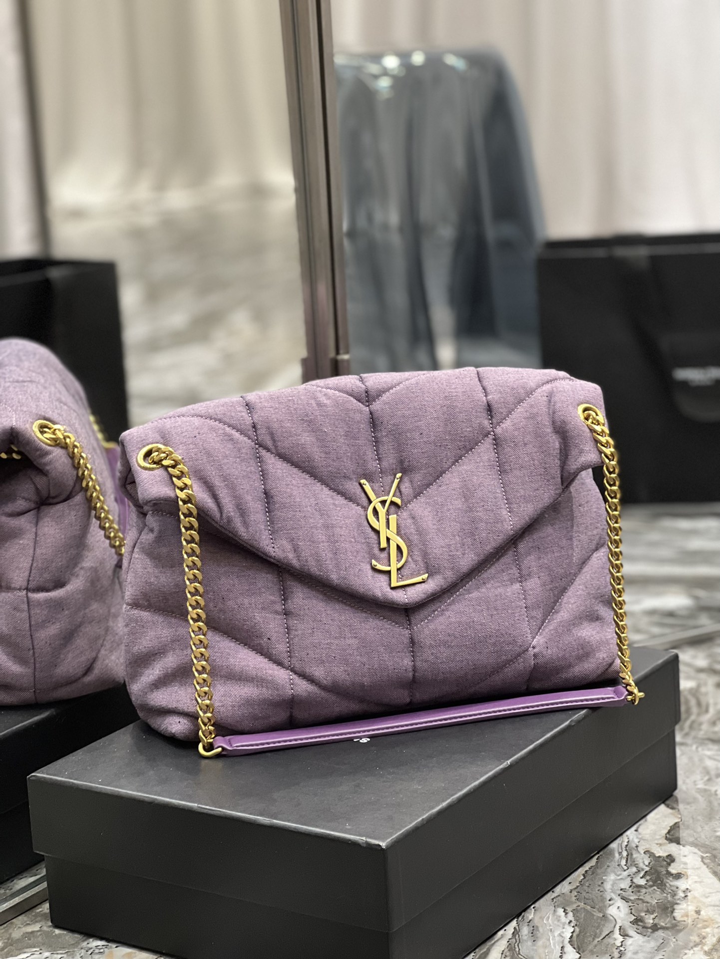 Saint Laurent Puffer Medium Chain Bag Blesched Lilac In Denim For Women 13.8in/35cm YSL