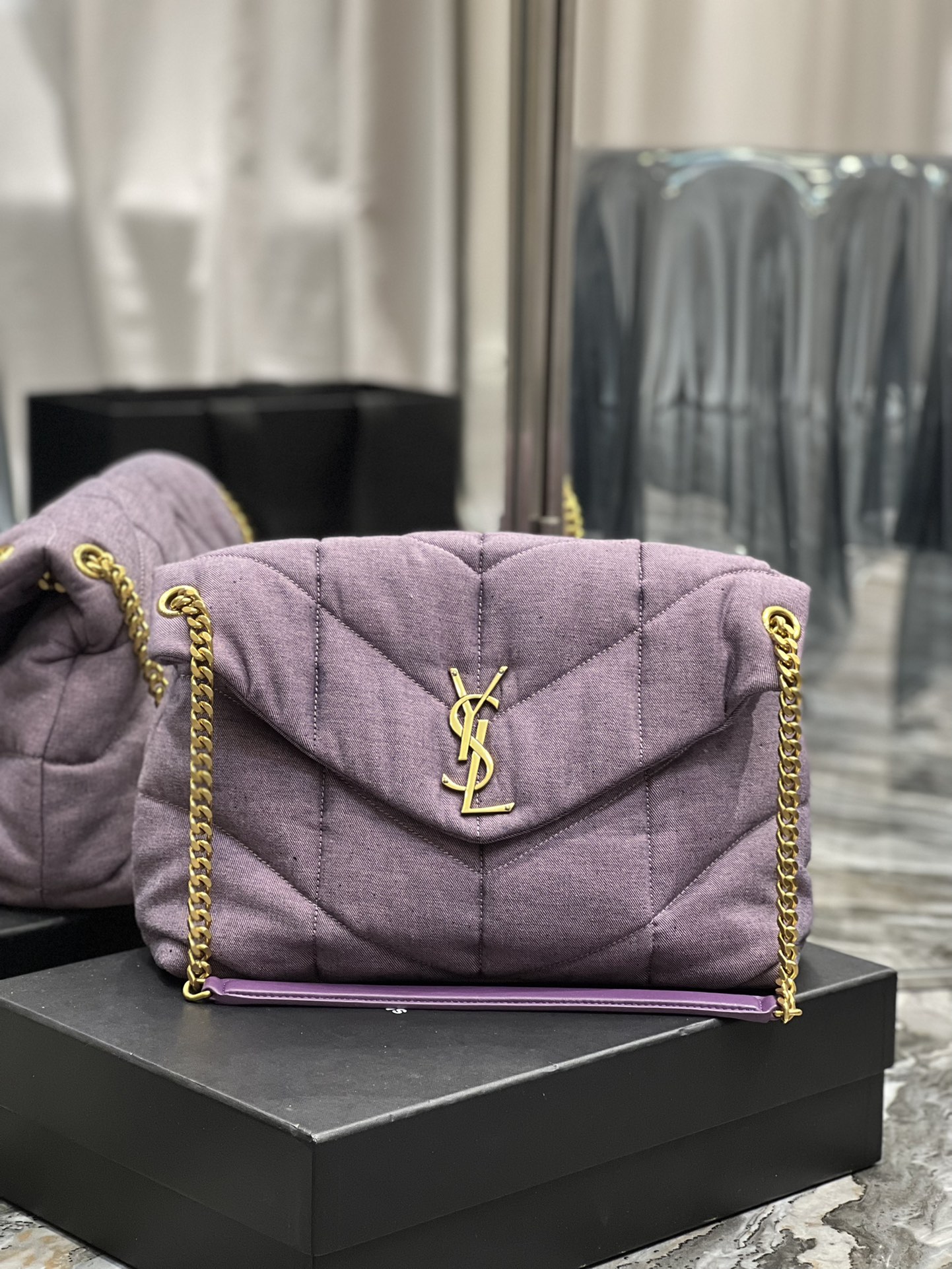 Saint Laurent Puffer Medium Chain Bag Blesched Lilac In Denim For Women 13.8in/35cm YSL