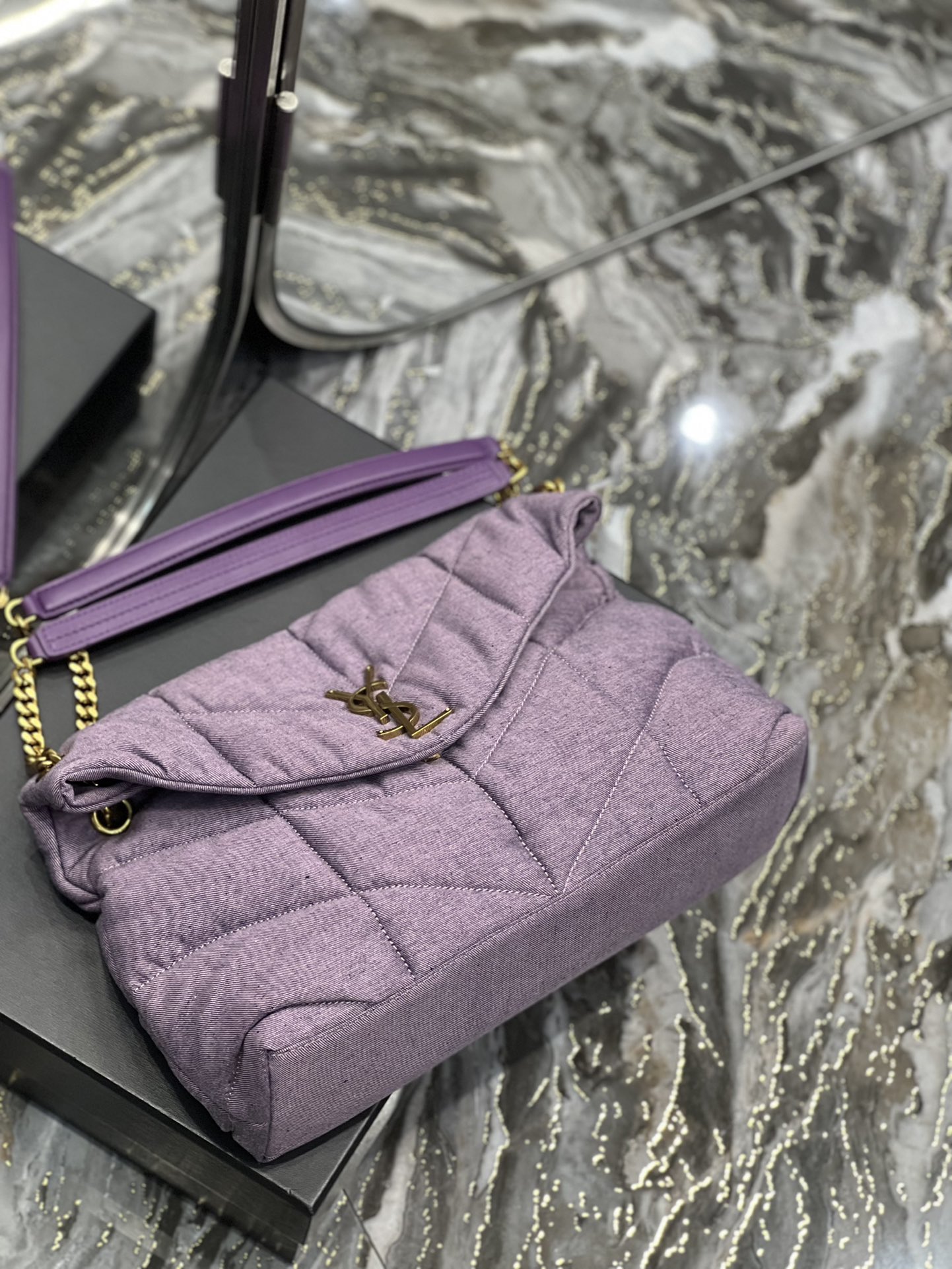 Saint Laurent Puffer Medium Chain Bag Blesched Lilac In Denim For Women 13.8in/35cm YSL