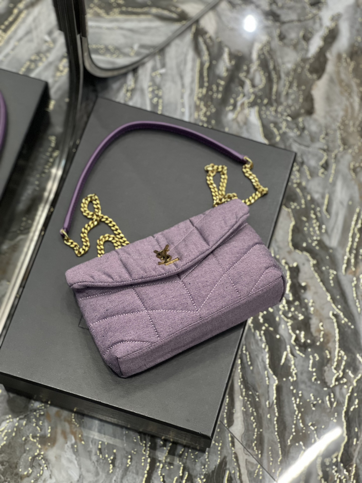 Saint Laurent Puffer Toy Bag Blesched Lilac In Denim For Women 9in/23cm YSL