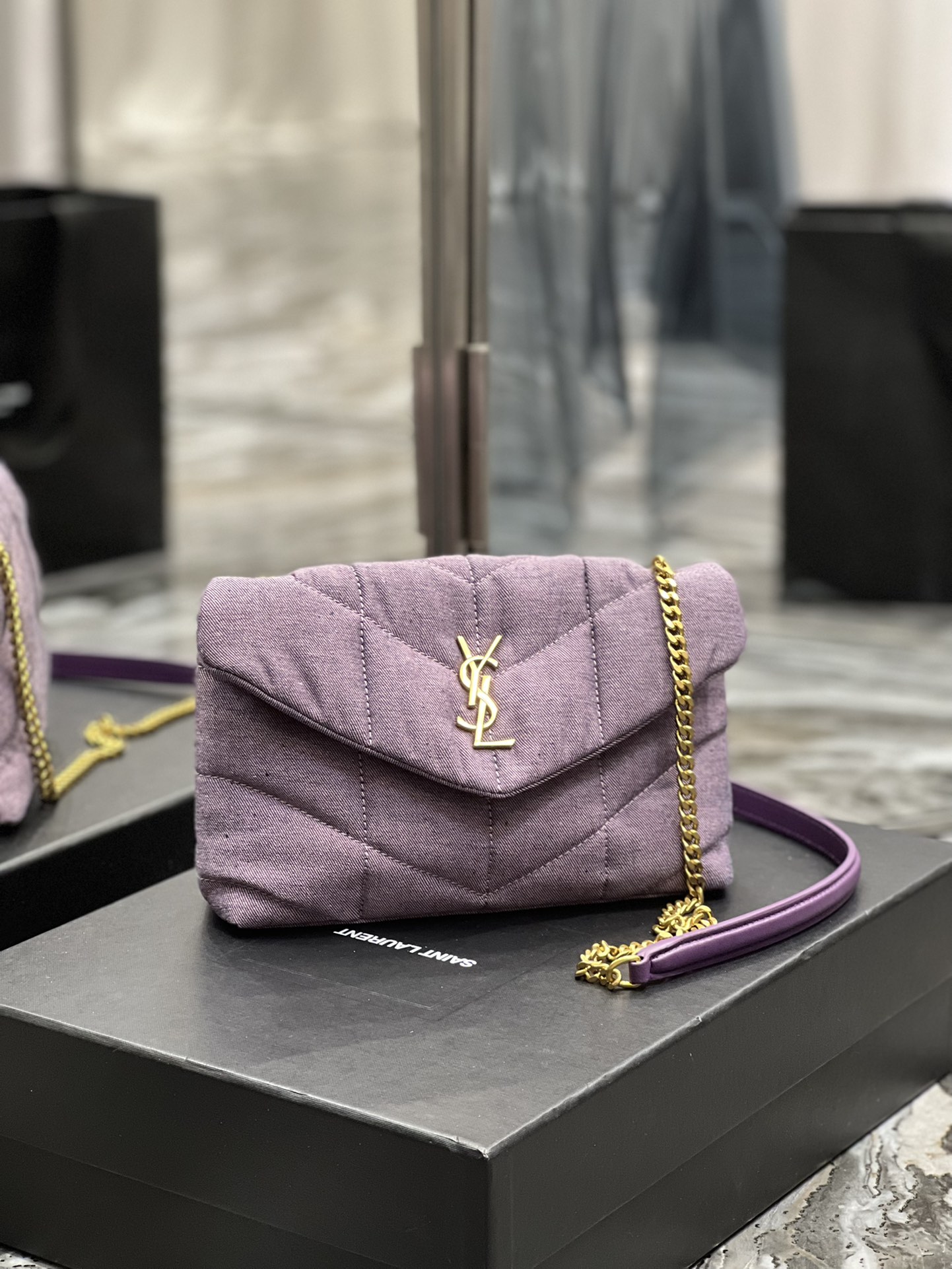 Saint Laurent Puffer Toy Bag Blesched Lilac In Denim For Women 9in/23cm YSL
