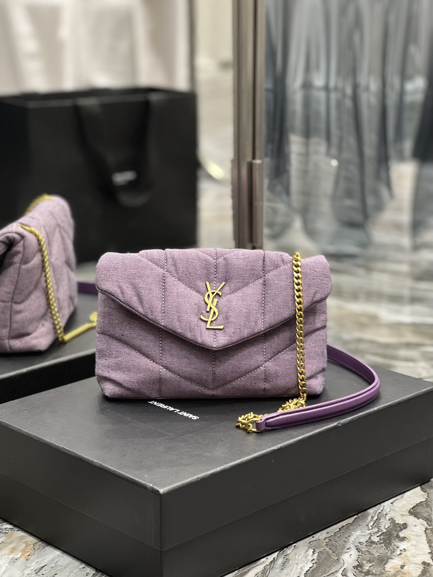 Saint Laurent Puffer Toy Bag Blesched Lilac In Denim For Women 9in/23cm YSL
