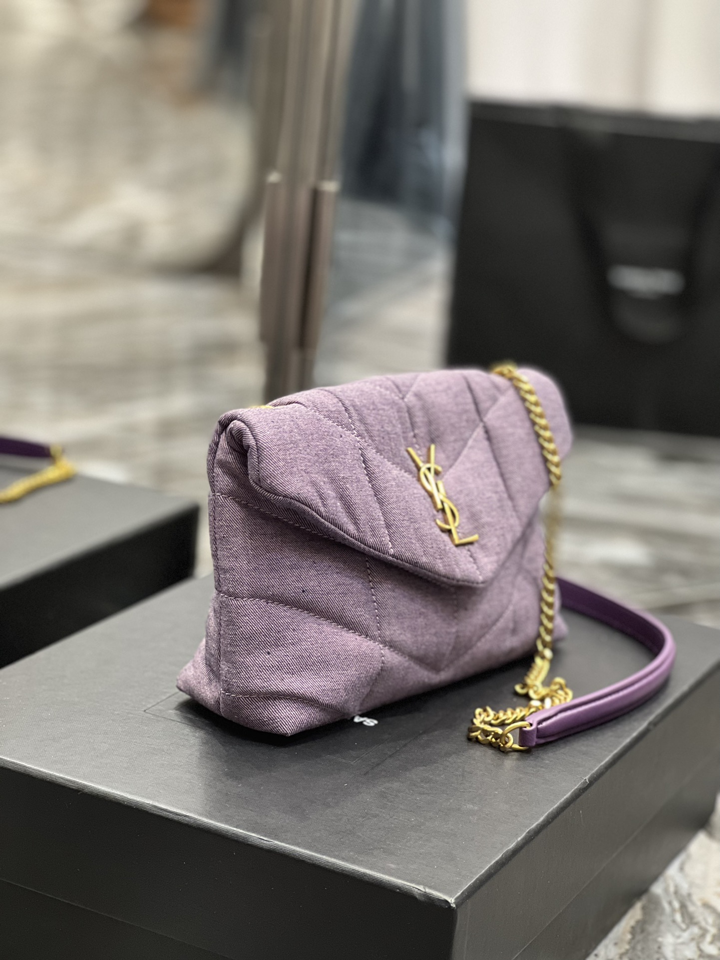 Saint Laurent Puffer Toy Bag Blesched Lilac In Denim For Women 9in/23cm YSL
